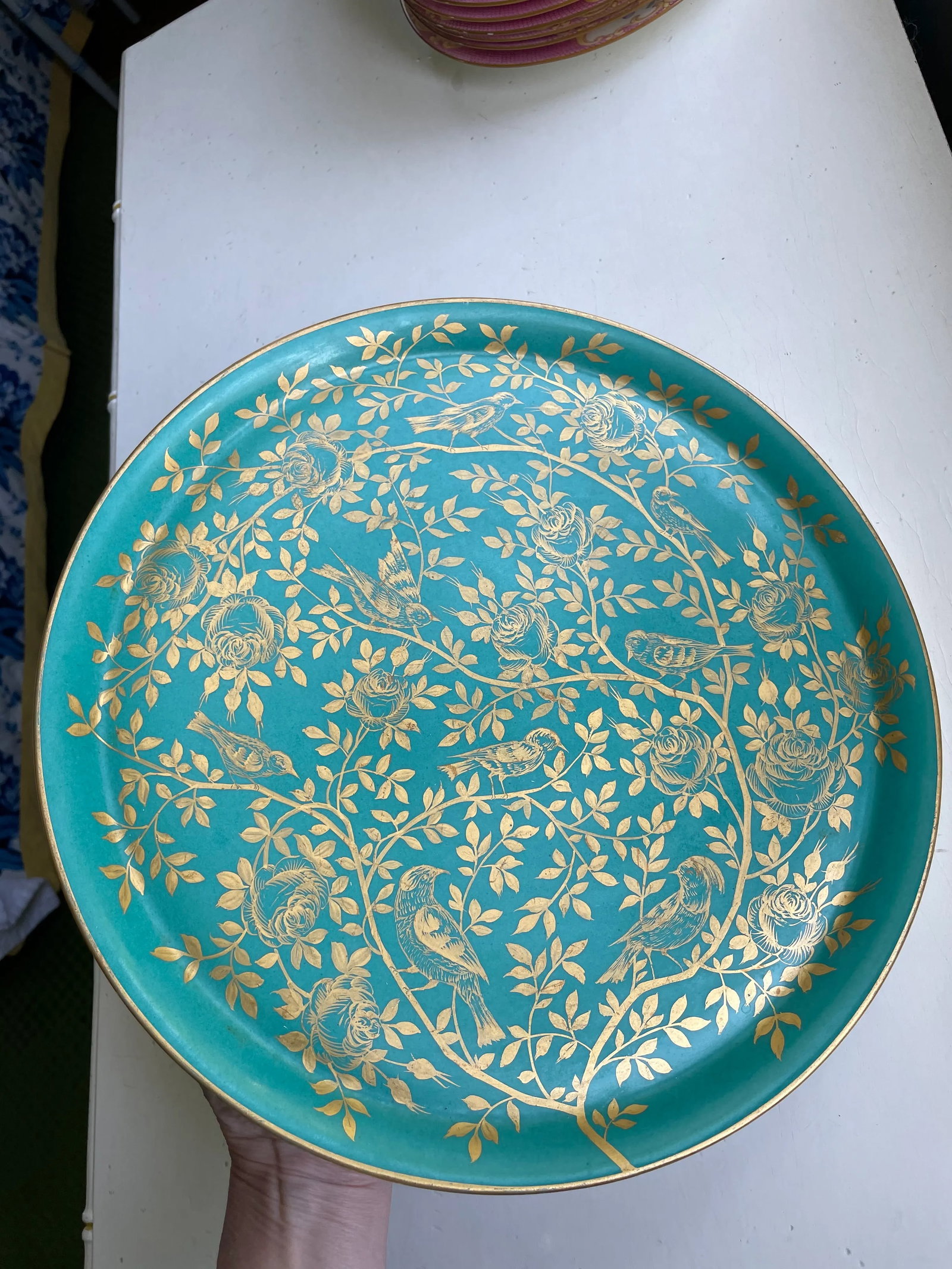 1940s Large Turquoise Platter With Gold Birds Platter - 2