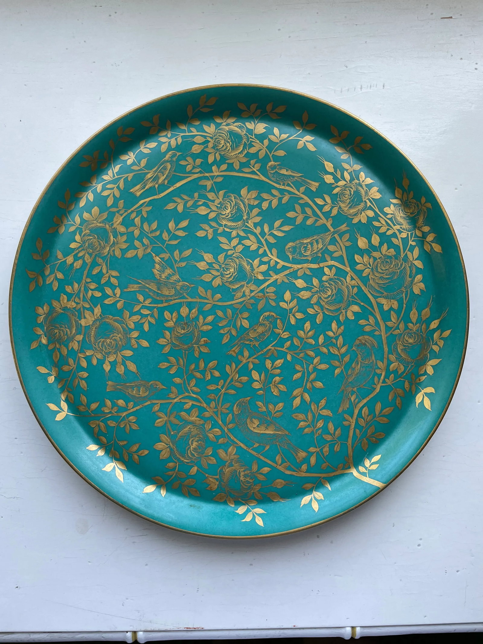 1940s Large Turquoise Platter With Gold Birds Platter - 3