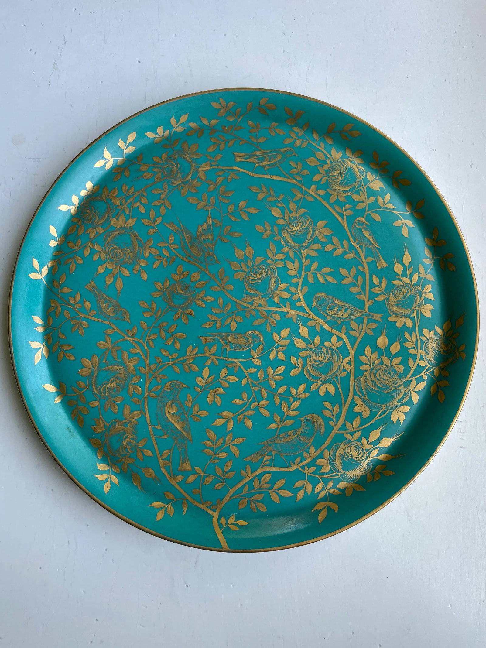 1940s Large Turquoise Platter With Gold Birds Platter - 4