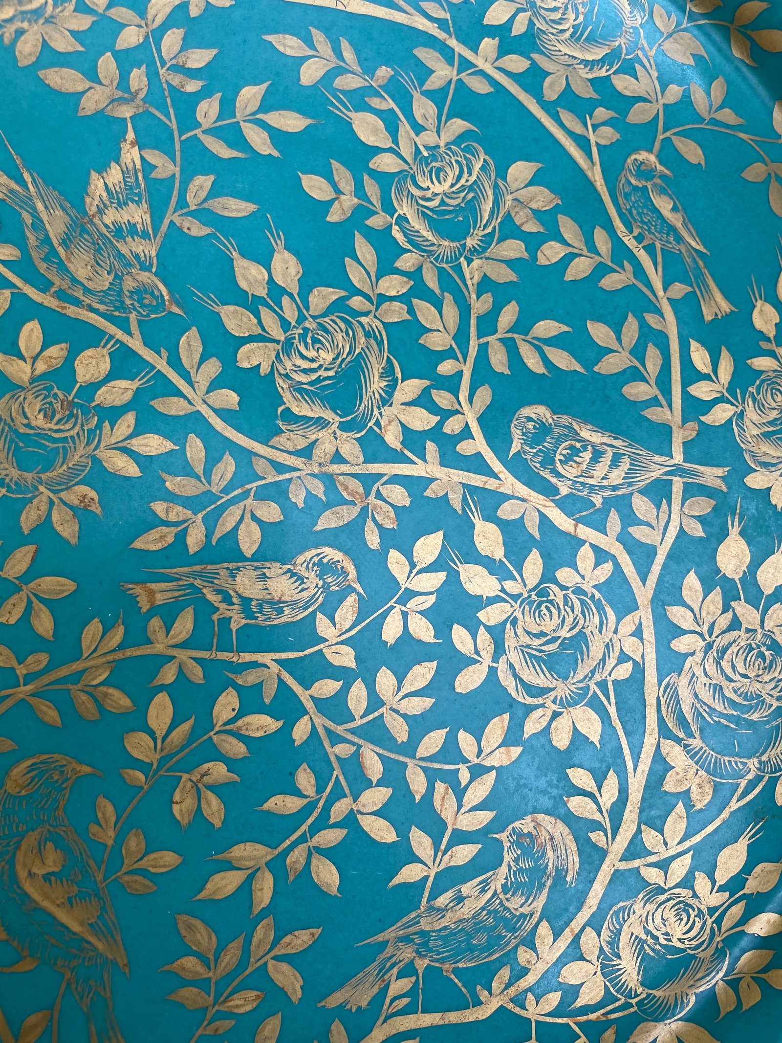 1940s Large Turquoise Platter With Gold Birds Platter - 5