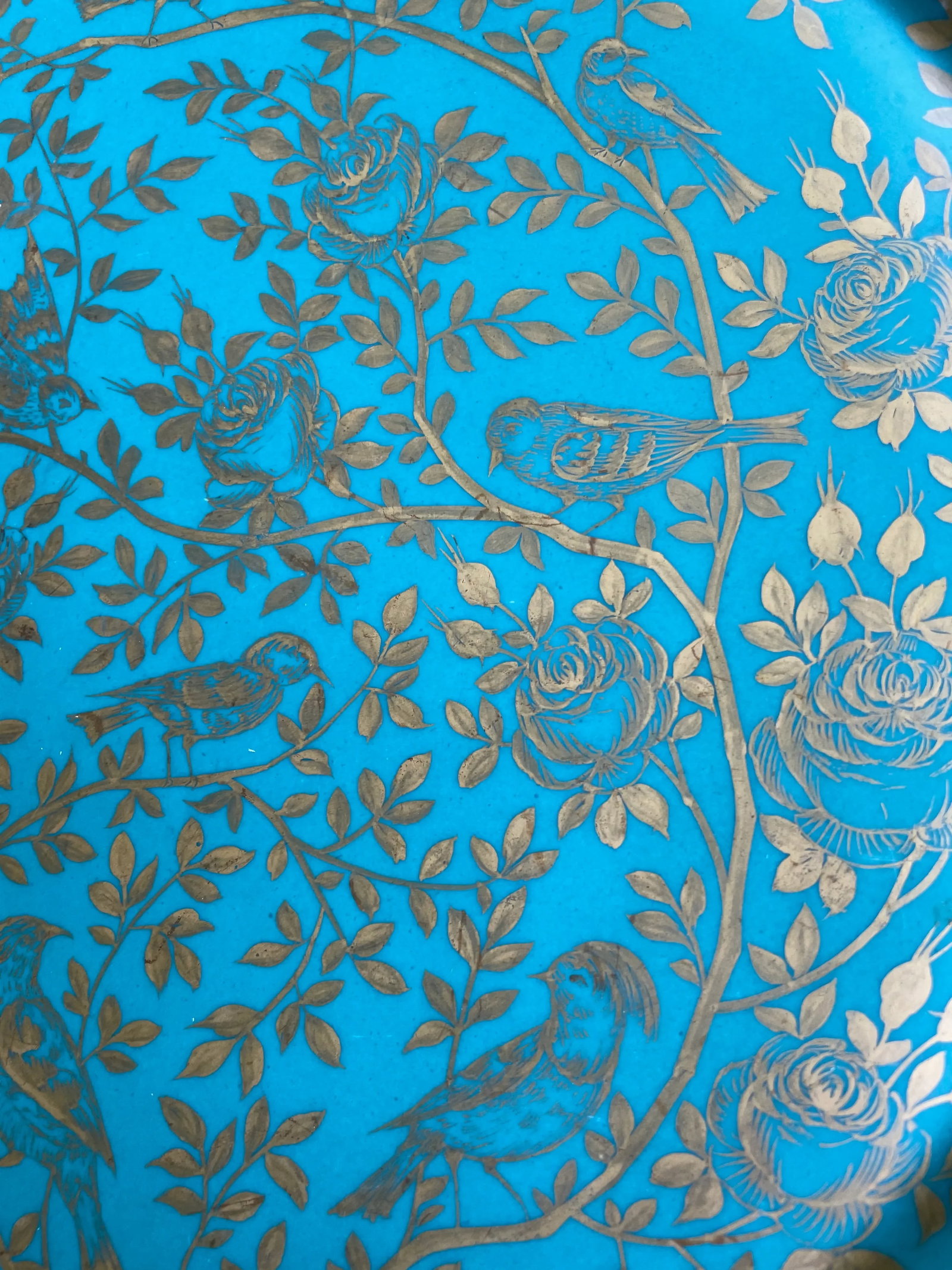 1940s Large Turquoise Platter With Gold Birds Platter - 6