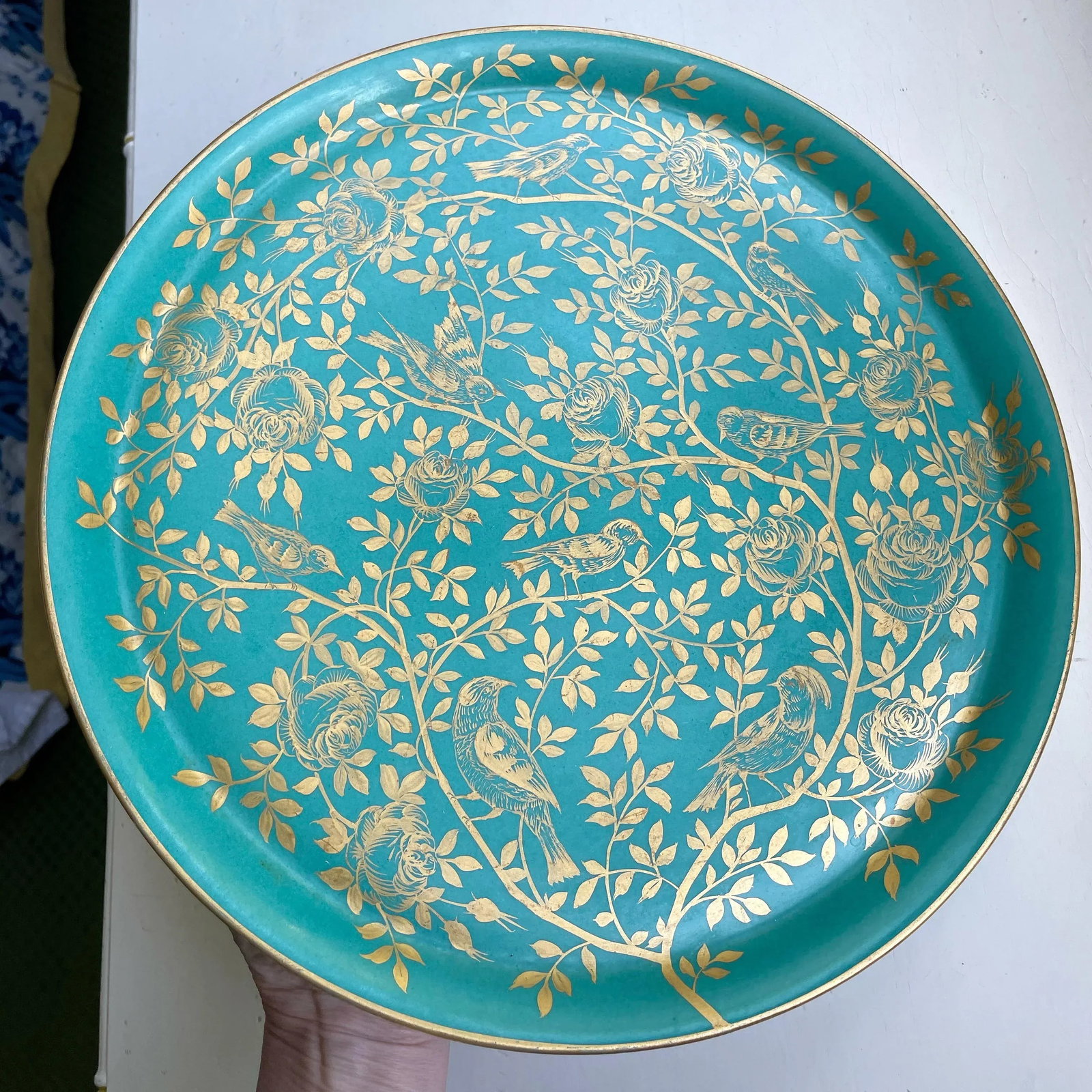 1940s Large Turquoise Platter With Gold Birds Platter - 9
