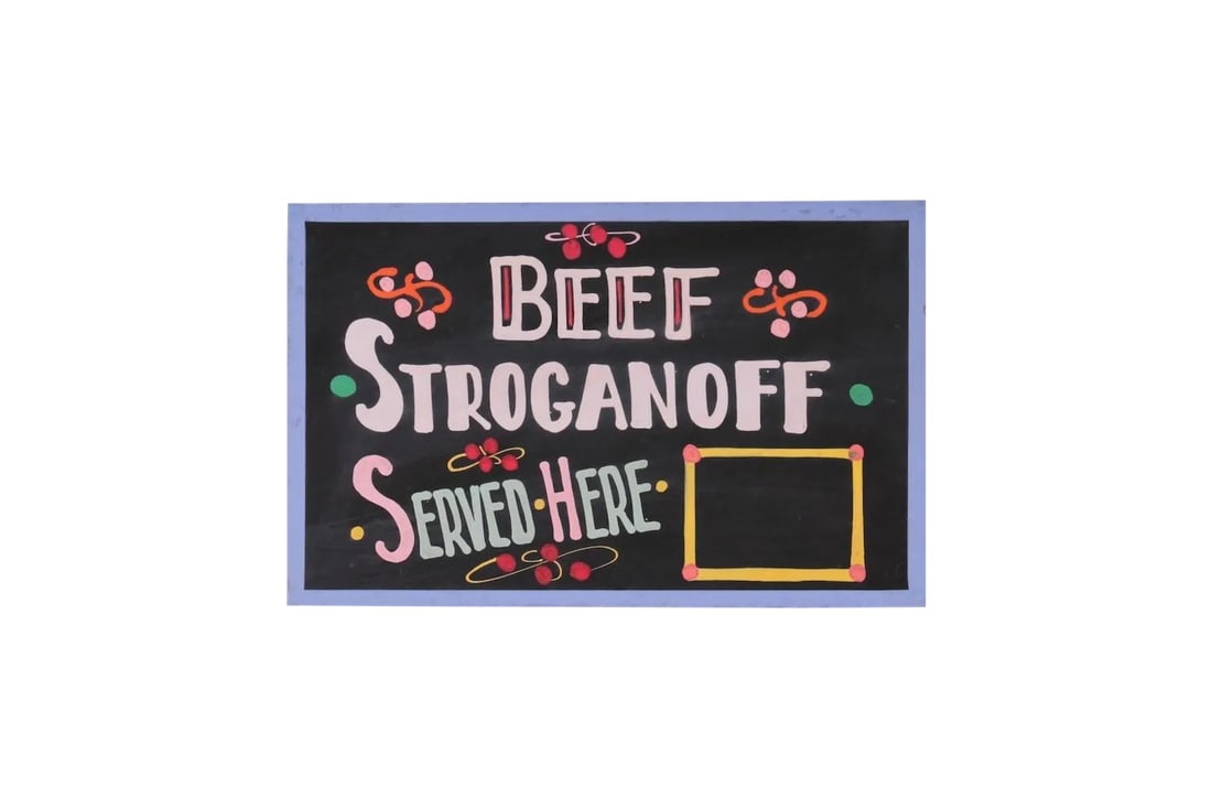 Vintage Beef Stroganoff Sign: Colorful vintage, one-sided, hand-painted sign on chipboard saying "Beef Stroganoff". Wear, discolorations. Condition: Alterations: Original Condition Unaltered Imperfections: Some Imperfections