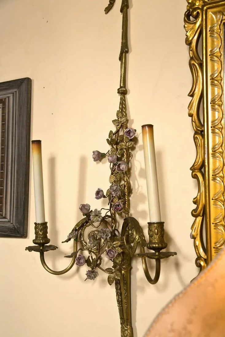 French Belle Epoque-Style Brass Sconces - a Pair - 7