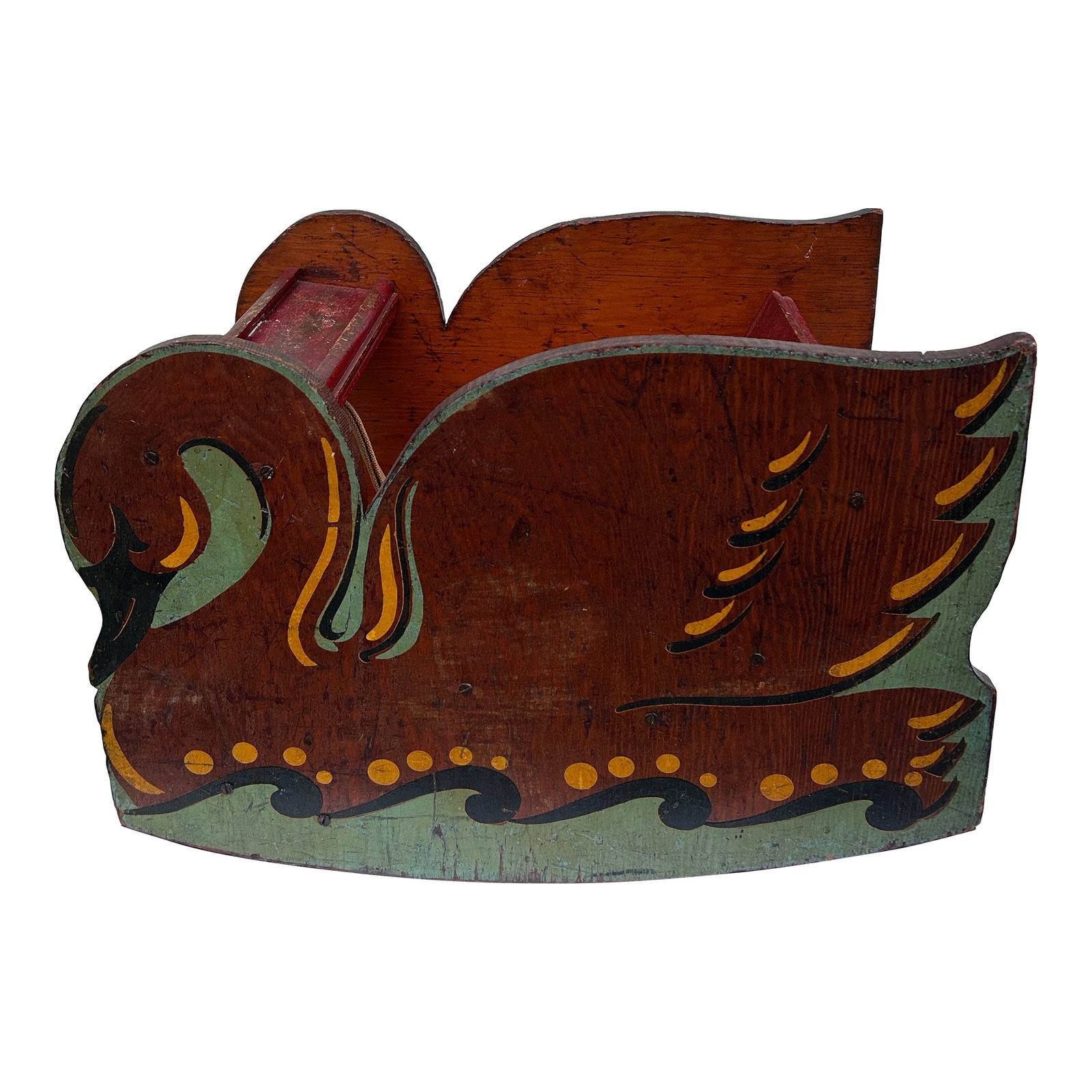 1940s Wood Painted Swan Rocker: This is an awesome vintage toddler rocker that has added felt on the bottom to protect the floor. The sides show a beautifully painted swan in earth tone colors. It is very heavy wood, well made and