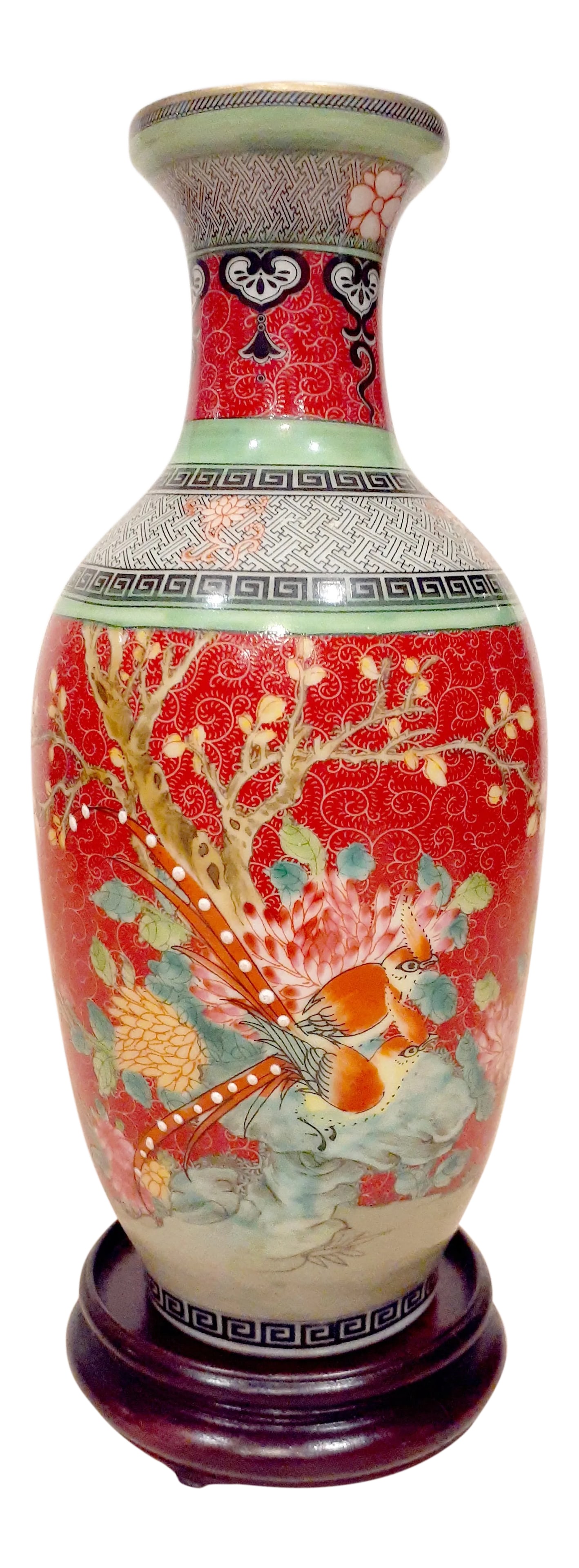 Late 19th Century Chinese Porcelain Famille Rose Peony Vase: Chinese porcelain Famille Rose peony vase, finely drawn birds among garden rocks and leafy branching peonies, with a gilt lip, an incised carmine red glazed swirl pattern in low relief on the neck