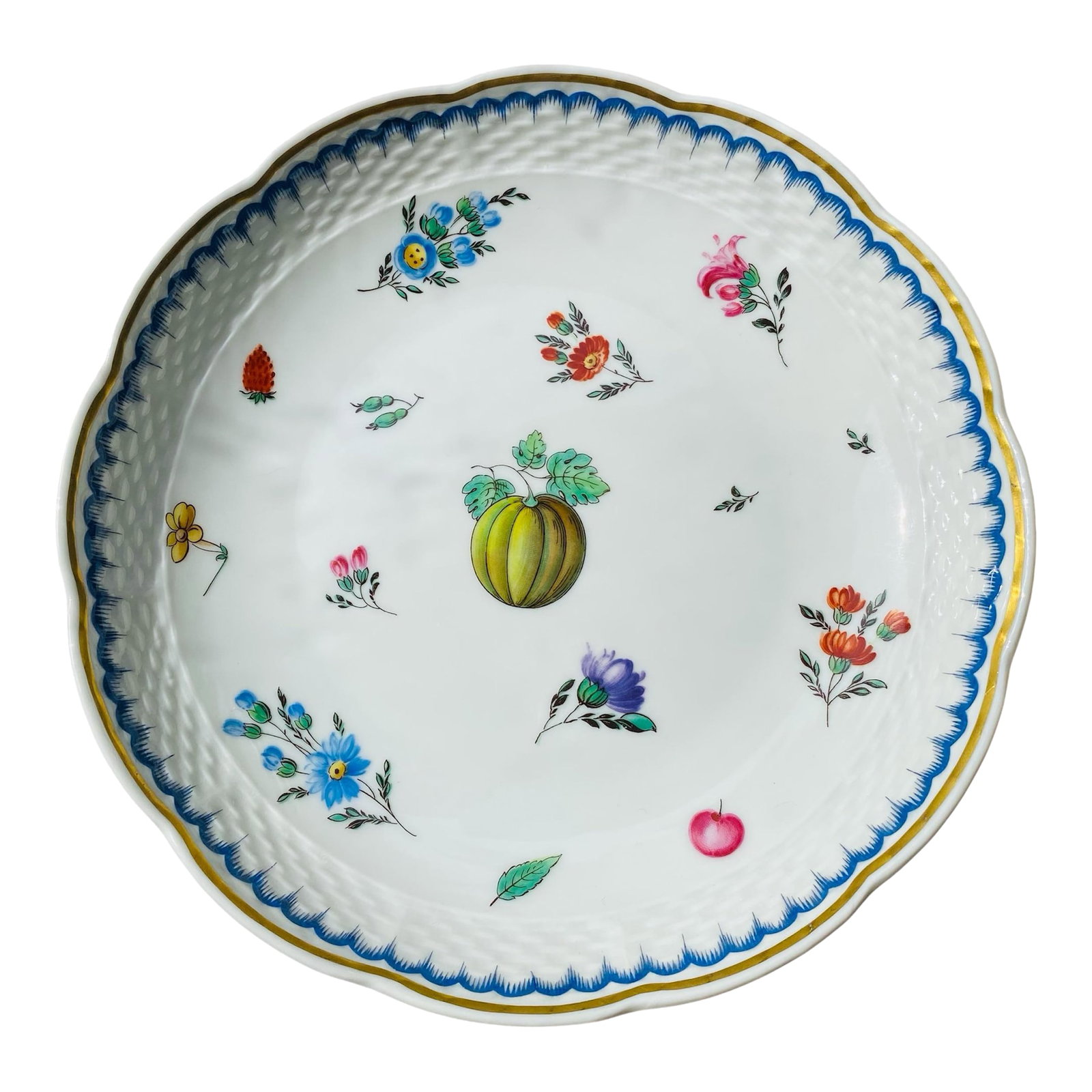 Richard Ginori Italian Porcelain Plate, Italian Fruits: Richard Ginori small 7.5" diameter desert plate made in Italy. Italian Fruits (Antico Doccia) pattern. Colorful fruits and flowers on white porcelain with an embossed basket weave scalloped edge.