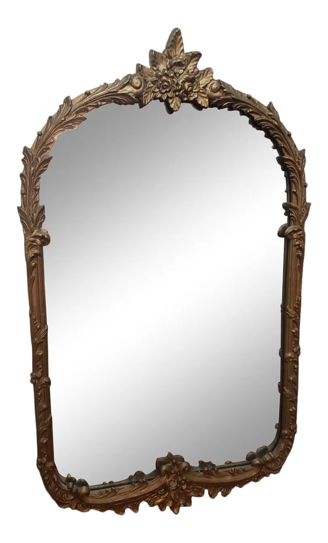 1940s Giltwood Heirloom Mirror: Real giltwood ornate mirror from the 1940s. Mirror shows signs of aging appropriate with actual age. 22W x 34H Condition: Alterations: Original Condition Unaltered Imperfections: Some Imperfections