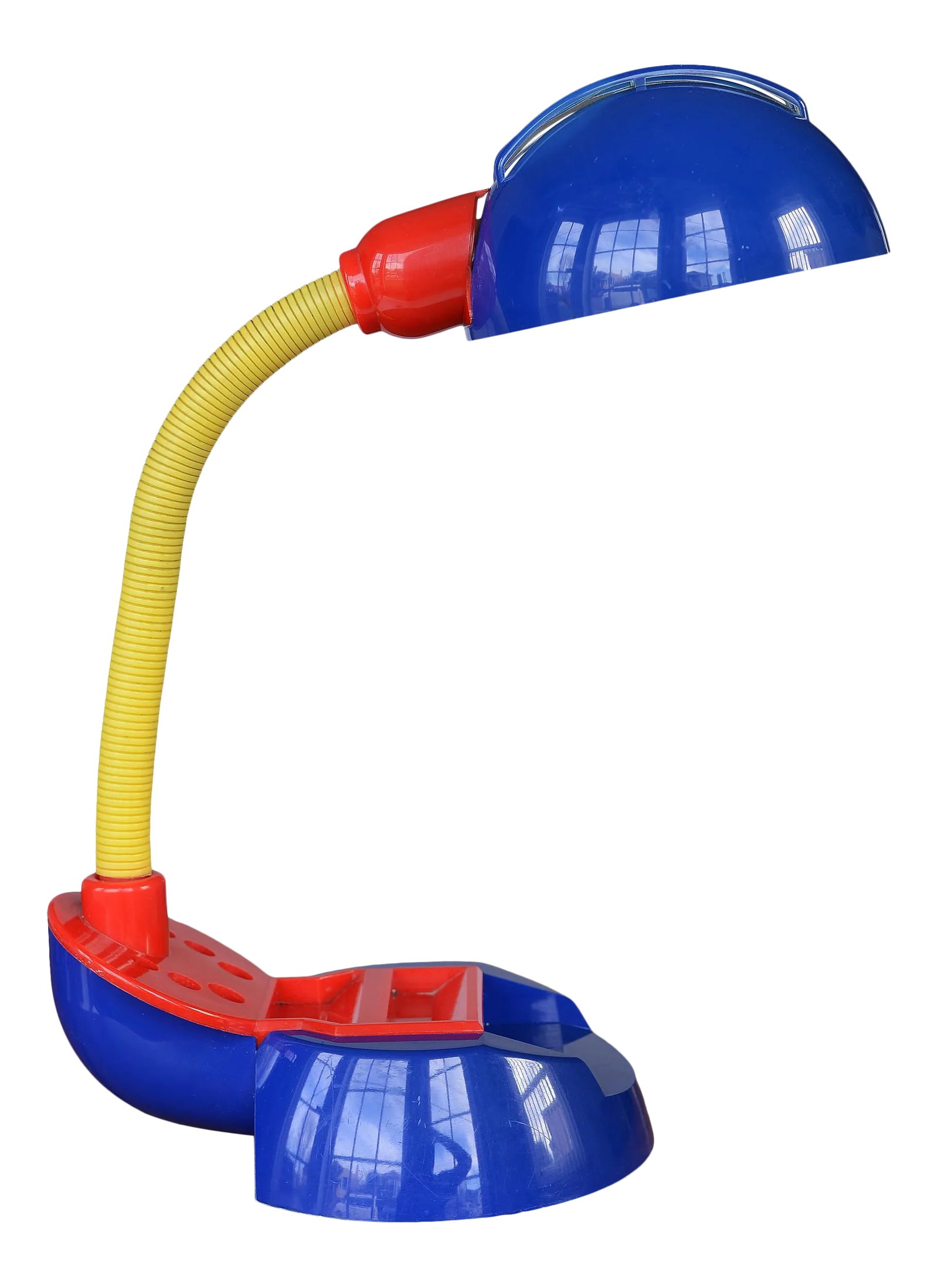 Vintage 1980s Postmodern Memphis Style Tricolor Plastic Desk Lamp: Awesome rare vintage tricolor plastic desk lamp. This fun whimsical design recalls the strong Memphis influence of the 80s and early 90s and designers such as Ettore Sottsass and Kyoji Tanaka. This
