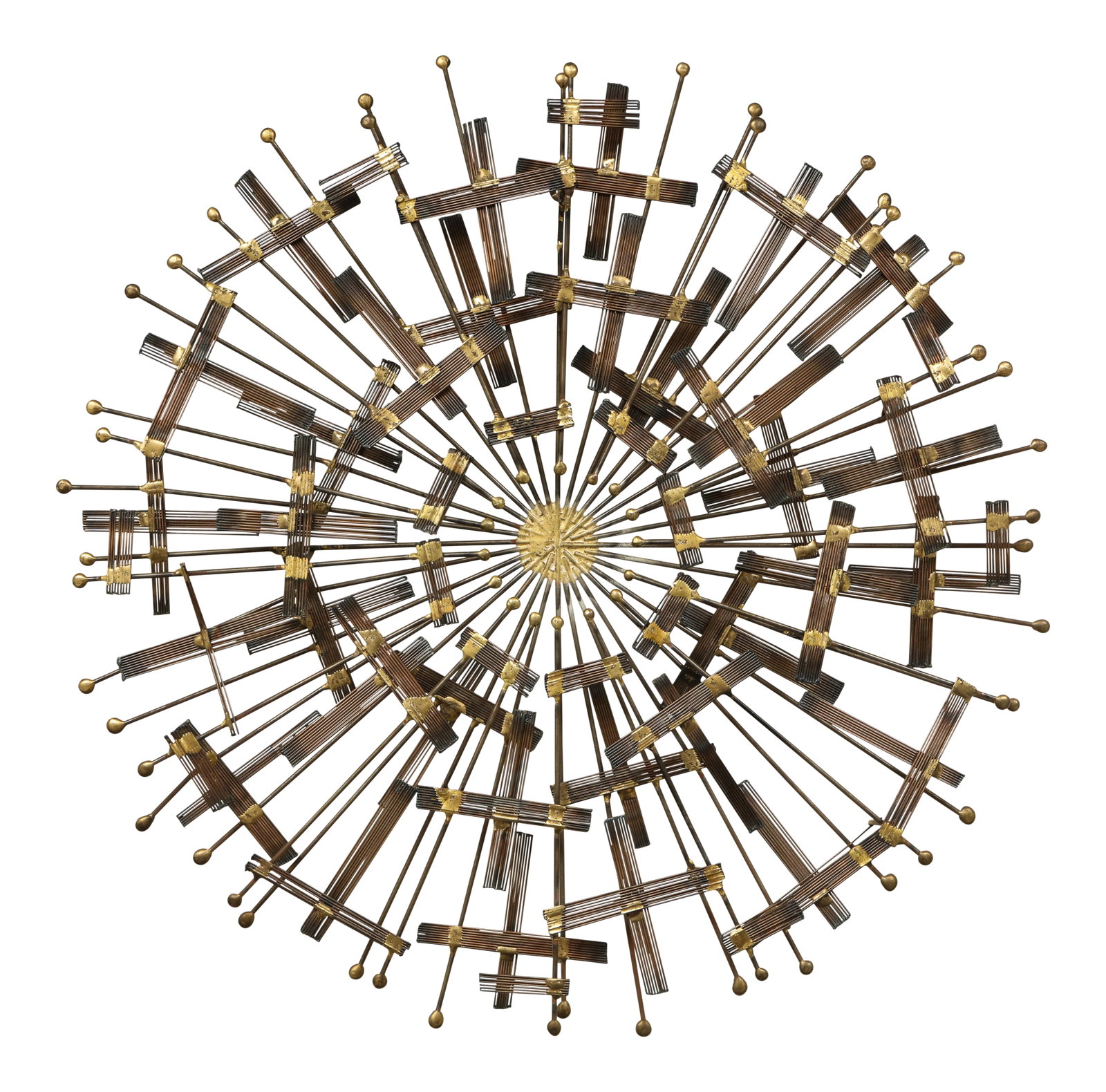 Mid-century Circular Brass and Metal Wall Sculpture in the Manner of Cjere, 1970s: A Mid-Century circular metal and brass wall sculpture in the manner of Curtis Jere, 1970s. Condition: Alterations: Unknown Imperfections: Some Imperfections Condition Notes: very good. Signed Origin: 