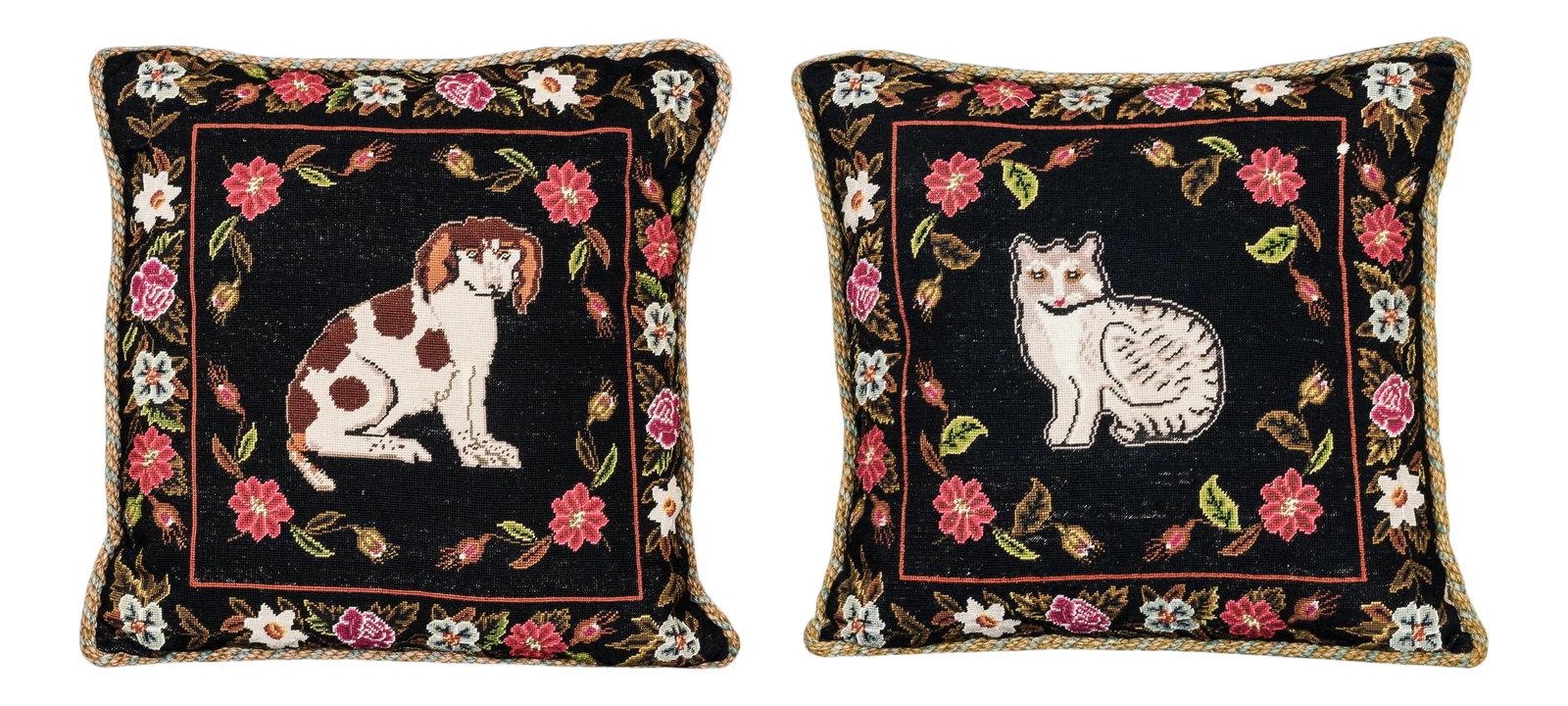 Vintage Dog & Cat Needlework Cushions - a Pair: Excellent condition needlework cushions - Dog and Cat - Set of 2. Originally sourced from Vaughan. Condition: Alterations: Original Condition Unaltered Imperfections: Some Imperfections Condition Note