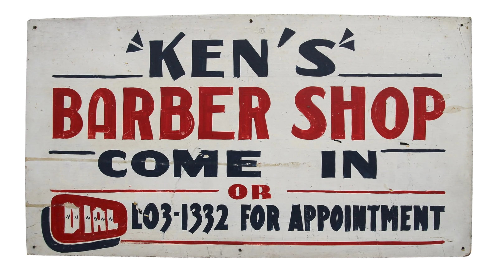 Circa 1950s Ken's Barber Shop Sign: Circa 1950s red, white and blue hand painted sign for Ken's Barber Shop. Sign is one sided and painted on masonite. Sign has wear, discolorations, paint loss, holes where once attached. Condition: