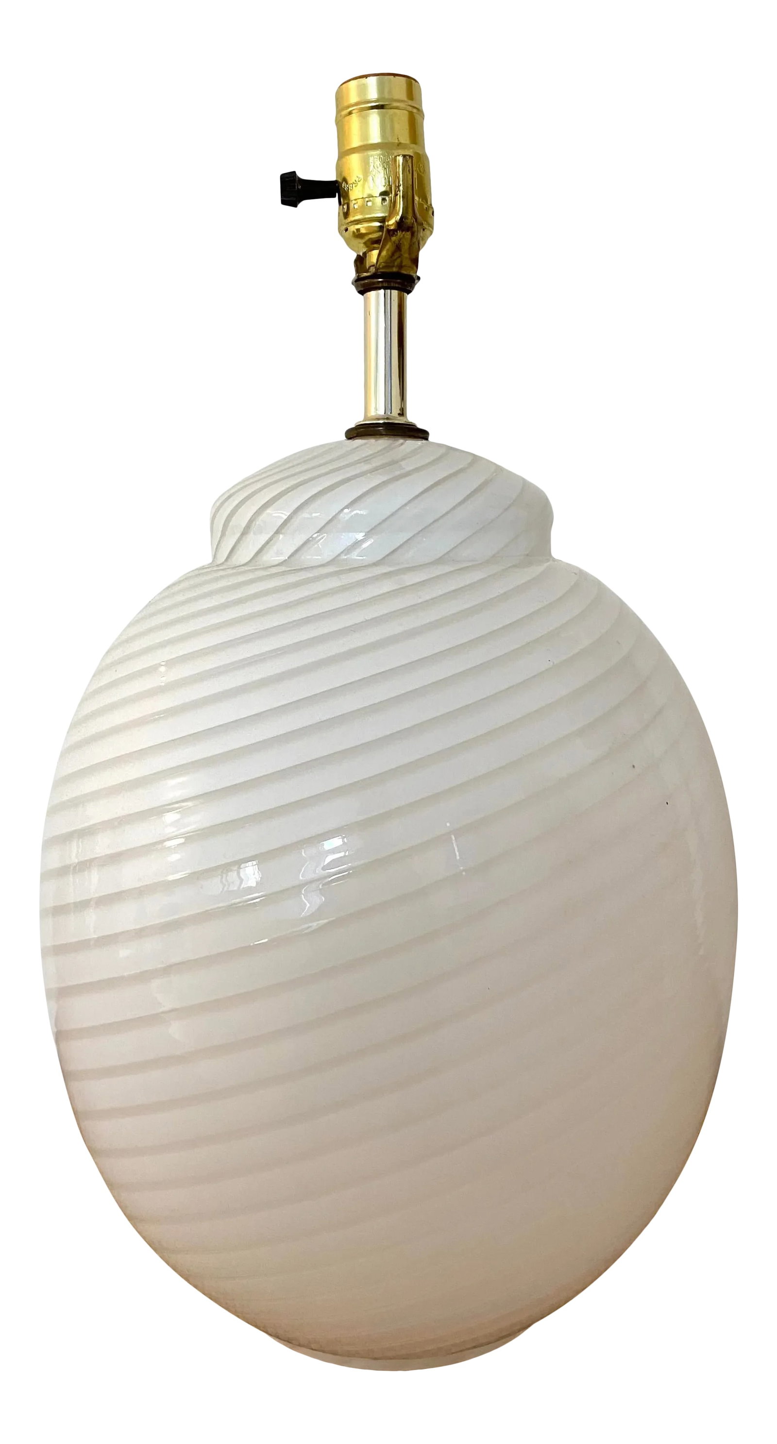 Vintage 1960s Vetri Italian Murano Swirl Table Lamp: Vintage Murano swirl Vetri Italian table lamp. Internal light and top light. Three way switch allows for each to be on separately or at the same time. White, hand blown, swirled design. Condition: