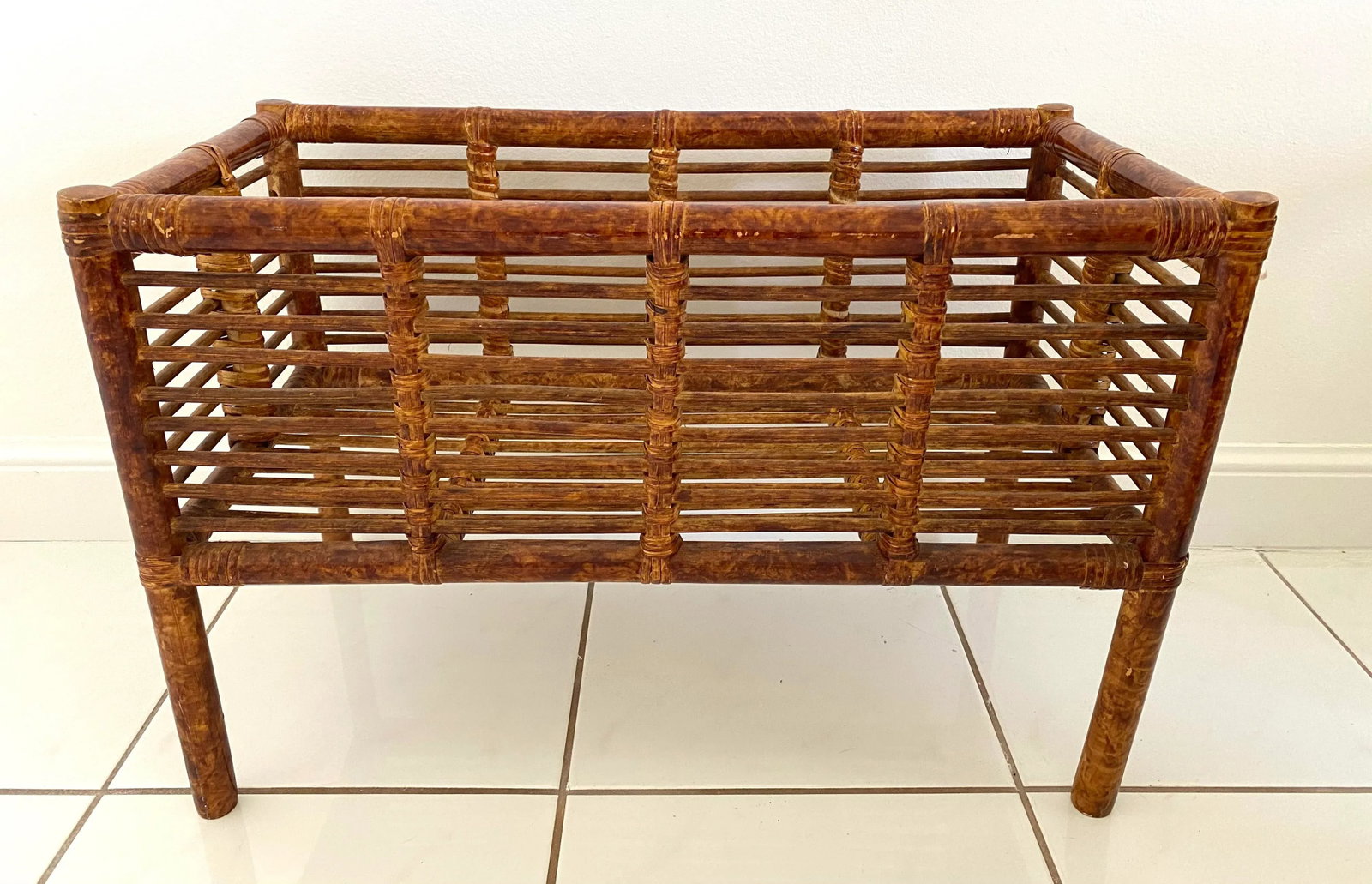 Large Vintage Scorched Burnt Bamboo Plant Stand - 12