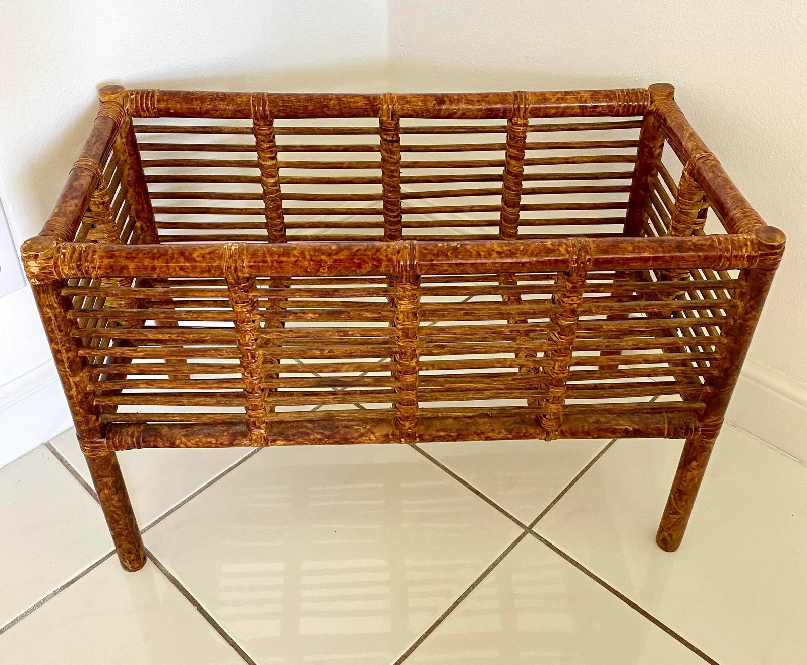Large Vintage Scorched Burnt Bamboo Plant Stand - 6