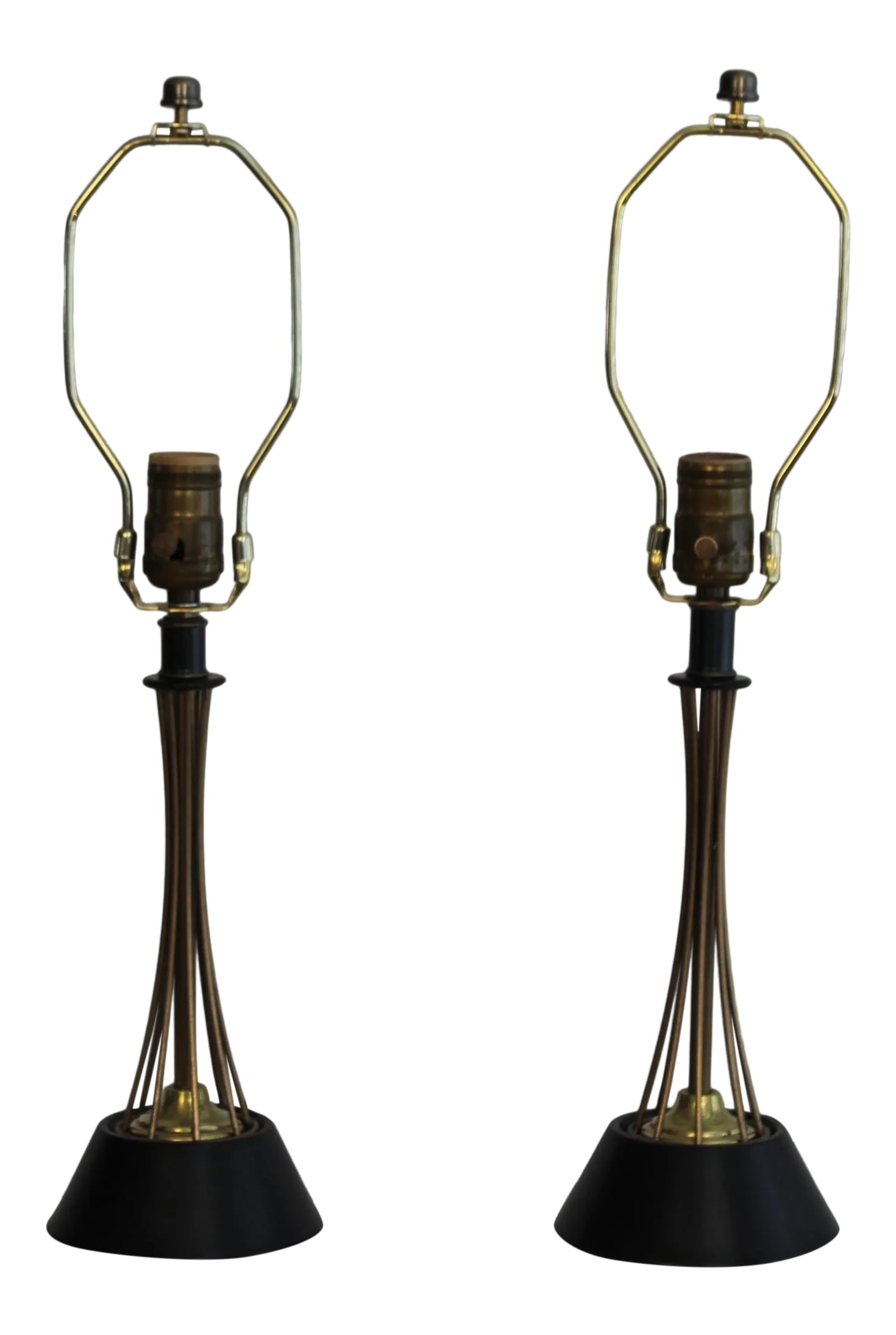 1960s Gerald Thurston Style Brass Table Lamps - a Pair: Pair of petite Gerald Thurston style table lamps. Sculptural presence. Structurally interesting . Brass finished wire mounted on onyx enameled metal. 4 inches wide. 11 inches tall Shown with 7 x 9 x