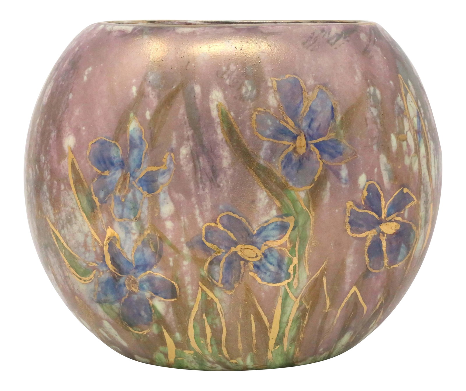 1960's Purple and Gold Flowers Ceramic Vase: A 1961 ceramic vase, with an oval, rounded form. It is hand-decorated with purple and metallic gold flowers, over a mint green, purple, and metallic gold layered drip glaze. No chips or cracks. Signed