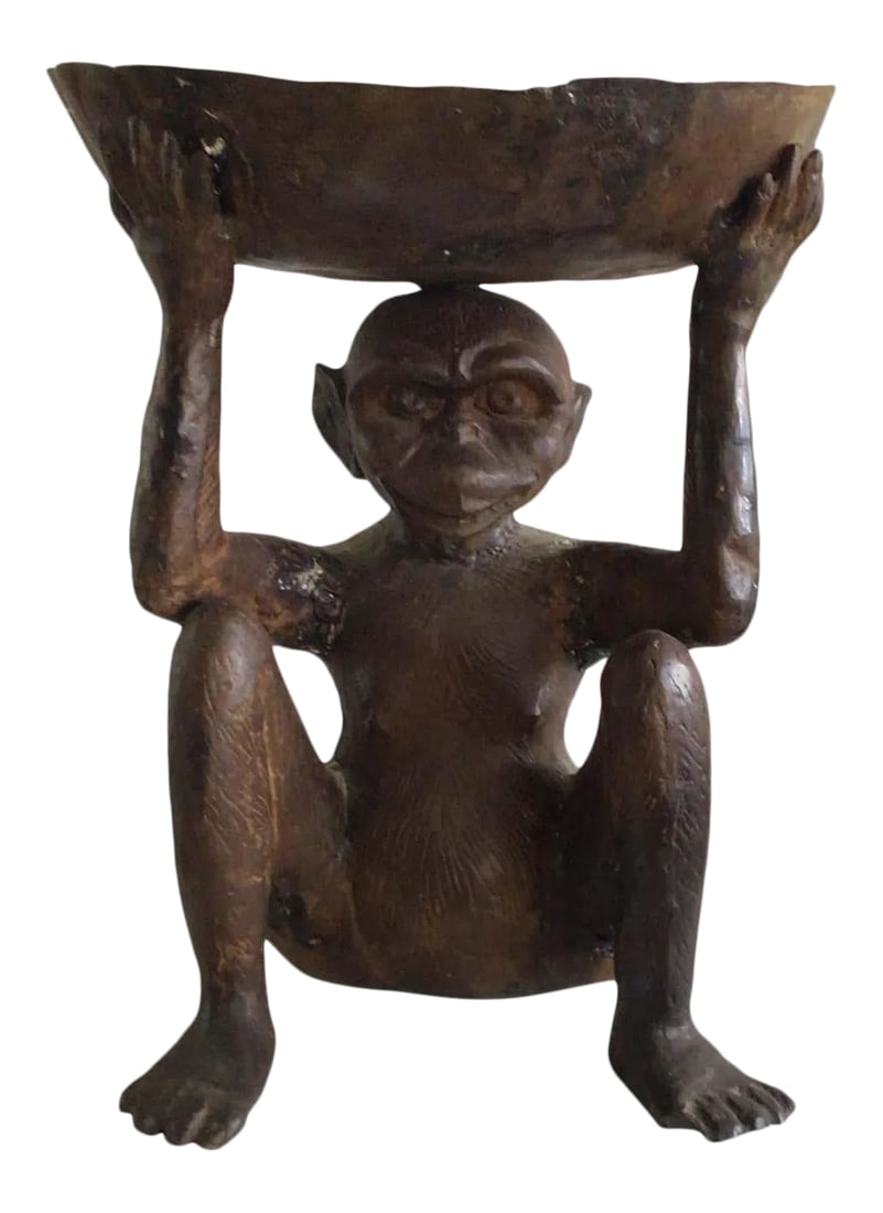 1950s Bronze Monkey Bowl: 1950s bronze monkey bowl. Condition: Alterations: Unknown Imperfections: Some Imperfections Condition Notes: Good Wear consistent with age and use. One toe missing as shown in picture. Materials