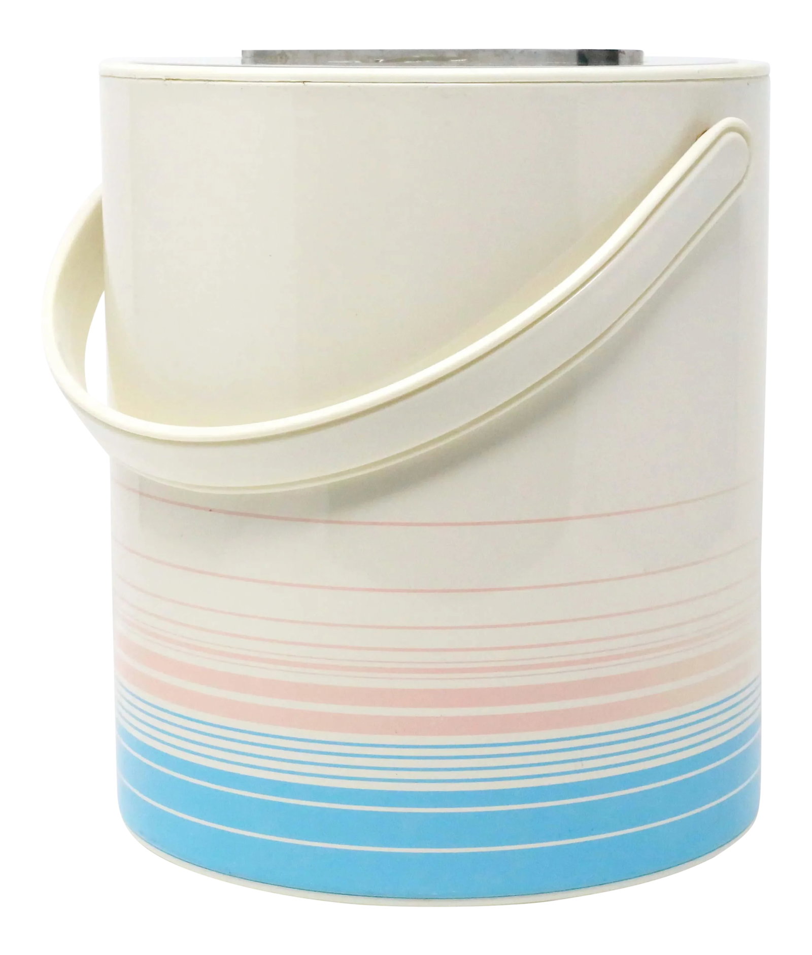 1980's White Pink and Blue Ice Bucet Set: A vintage metal and plastic ice bucket by Phoenix, in an off-white color with pink and blue line art design. Includes lid, tongs, and strainer/divider. Good condition; minor wear consistent with age