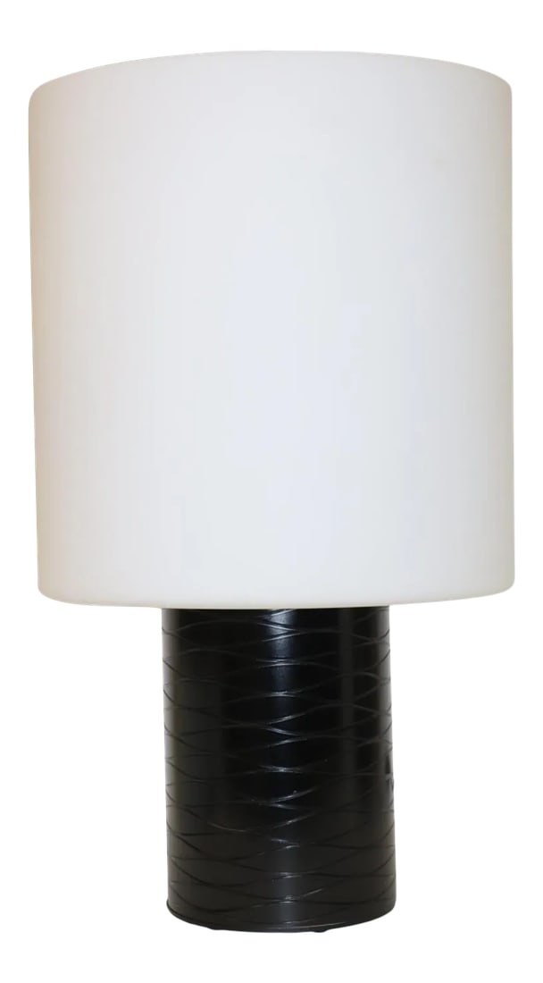 Mid-Century Modern Murano Glass Table Lamp: ITRE Table Lamp Murano White Glass Shade, Satin Finish. Base in Black Glass with Hand Cut Spiraling Grooves Details.. Hardware in White Lacquered Metal. Dimensions: Diameter 12 1/4" Height 20 3/4" Wat