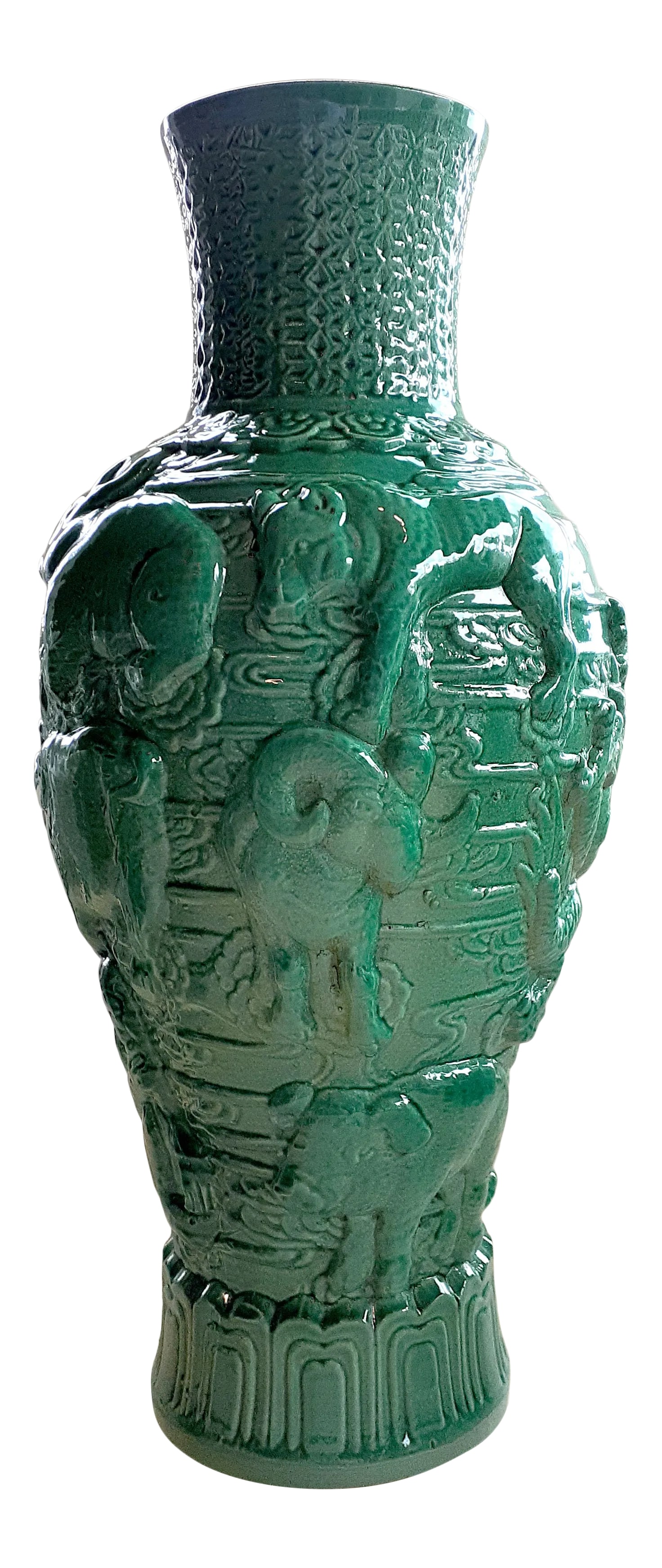 Early 20th Century Chinese Porcelain Famille Verte Shengxiao Vase: Chinese porcelain Famille Verte bas-relief shengxiao vase, twelve Zodiac animals in a dark grass green glaze, carved Qianlong reign mark breaking the Ru Yi border at the neck. Dragon, snake, horse, ro