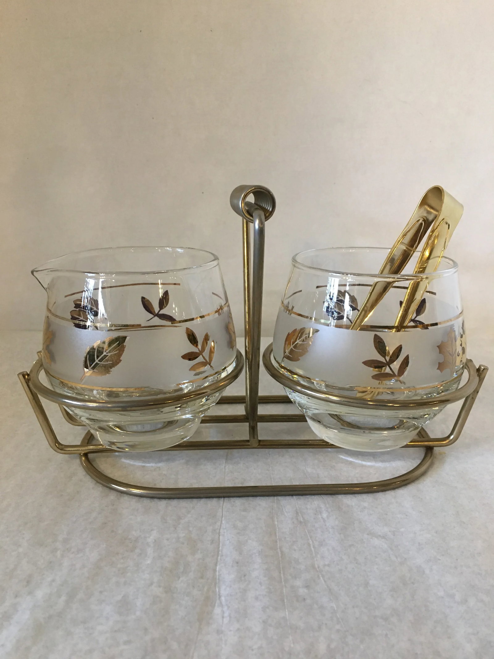 1950s Mid-Century Modern Gold Maple Leaf Libbey Glass Condiment Cream & Sugar Set - 4 Piece Set - 12