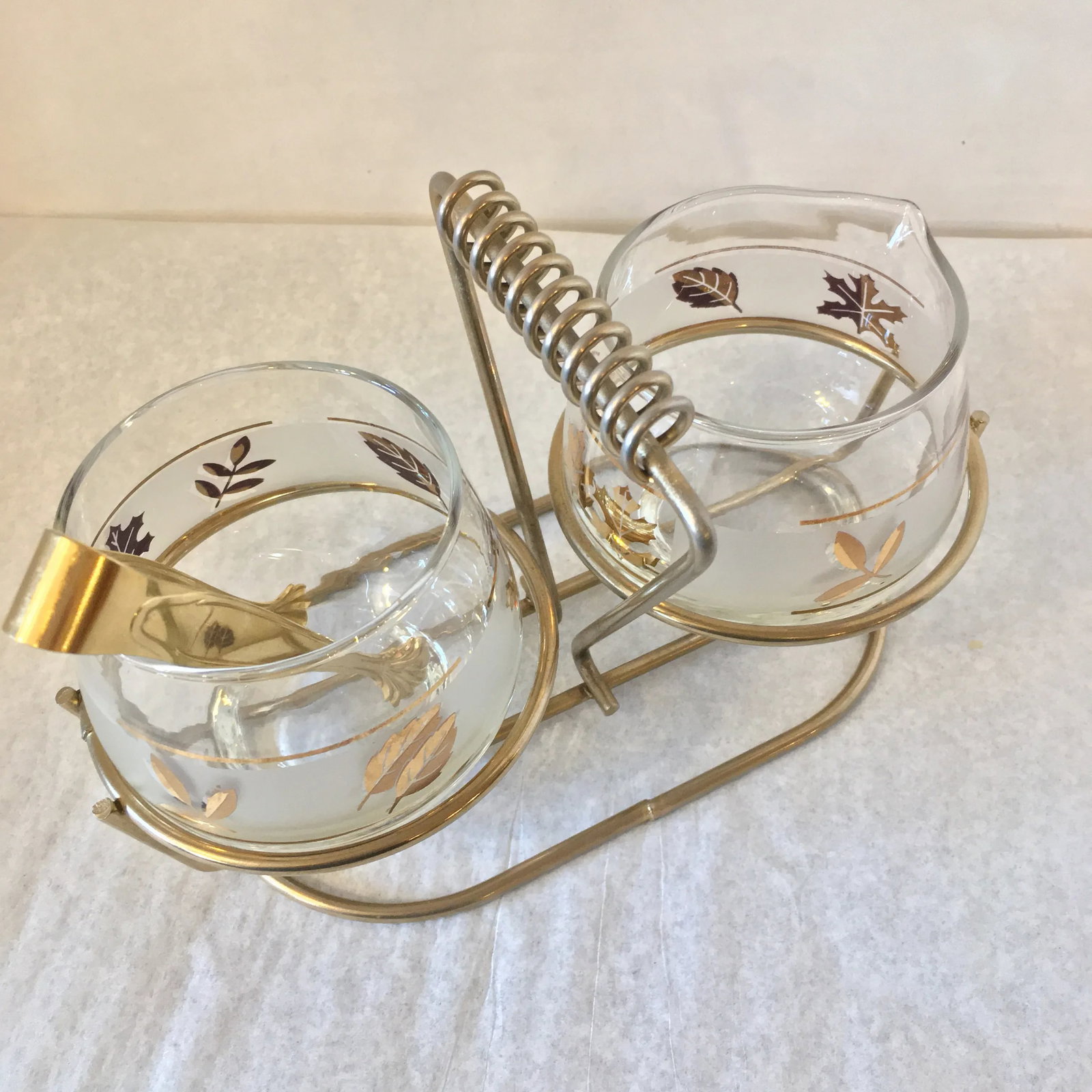 1950s Mid-Century Modern Gold Maple Leaf Libbey Glass Condiment Cream & Sugar Set - 4 Piece Set - 4