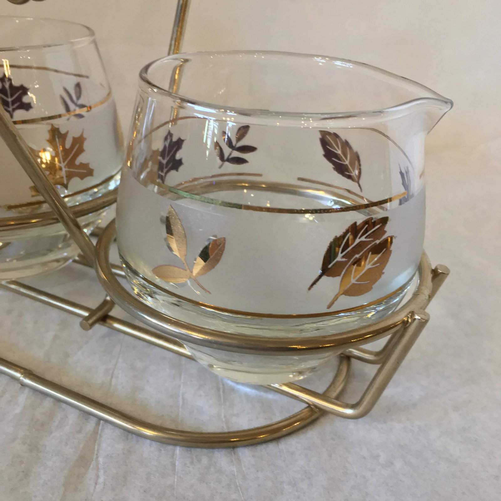 1950s Mid-Century Modern Gold Maple Leaf Libbey Glass Condiment Cream & Sugar Set - 4 Piece Set - 6