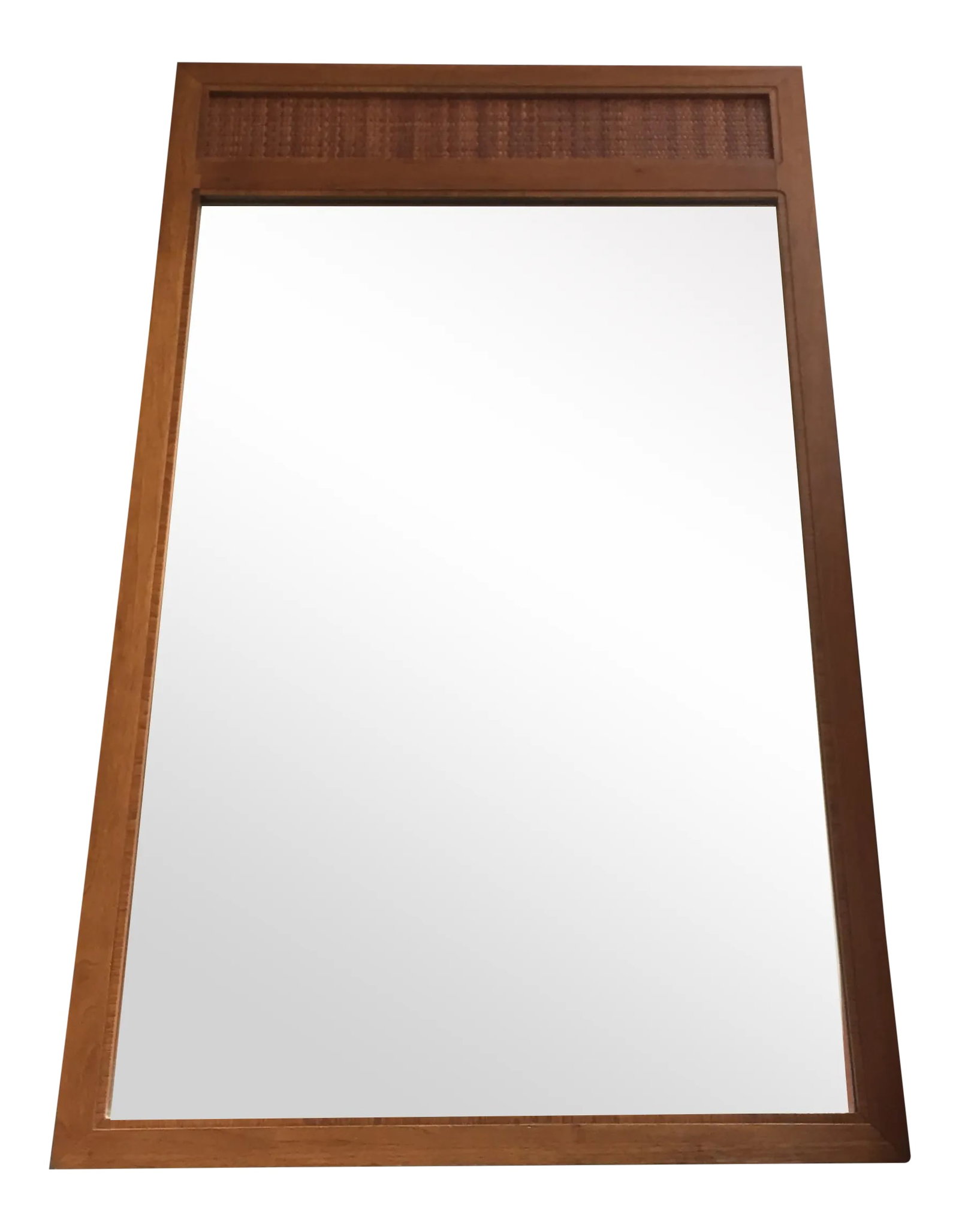 Mid-Century Modern Walnut and Cane Mirror: This handsome Mid-Century Modern walnut mirror with clean lines and finely woven cane is so versatile, it will look stunning in any room. Sold by John A. Colby & Sons in the 1960's, it originally grac