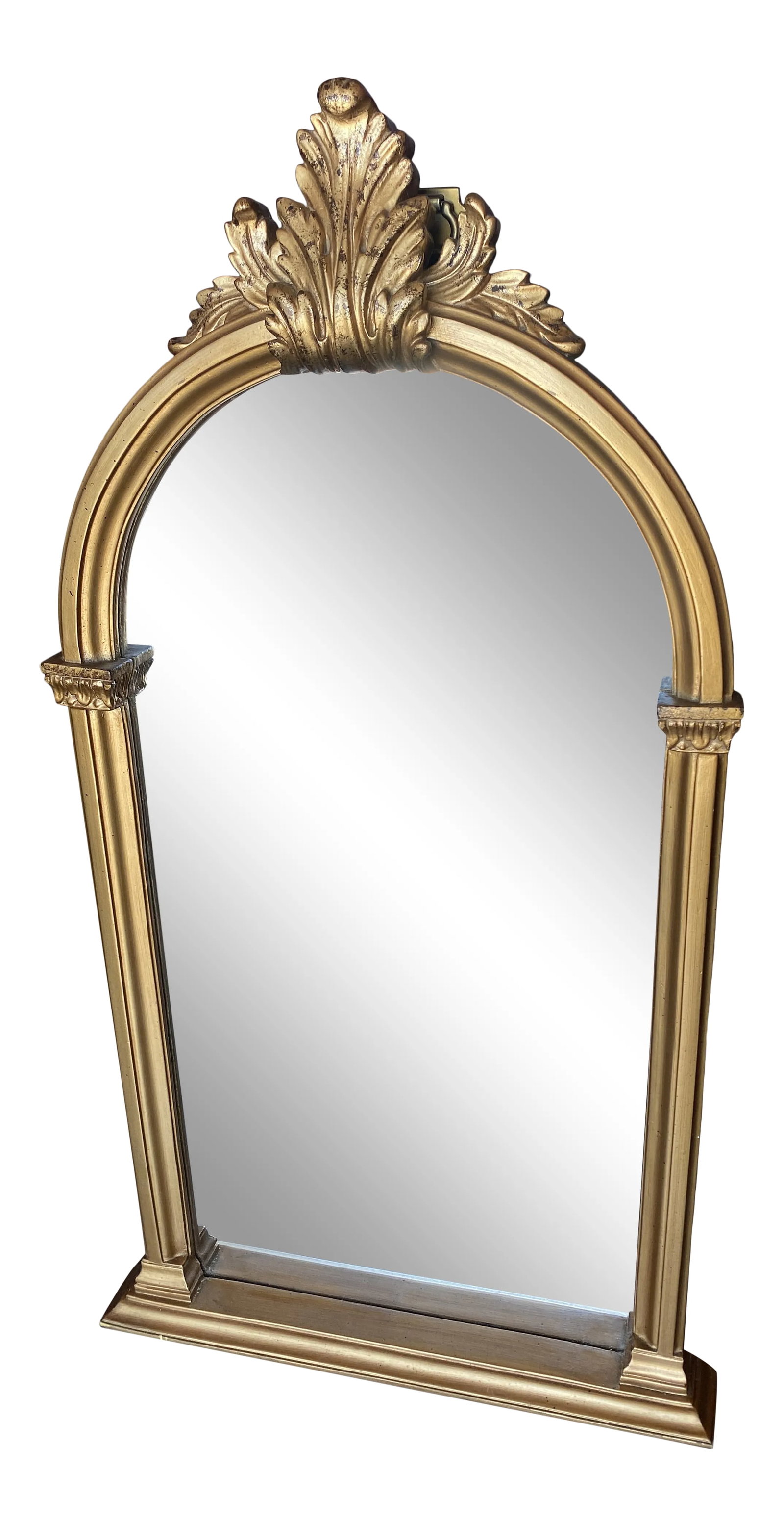 1980s Hollywood Regency Primrose Reproduction Arched Mirror: Primrose Style Reproduction Mirror, would look great in a foyer Entry or any room in the Home. Brilliant Gold with a touch of Black makes this Mirror Stand Out with its nice Tall Design. Condition: