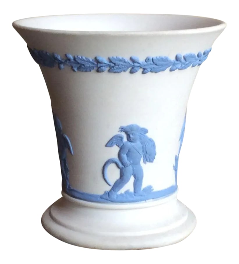 Wedgwood White Jasperware Neoclassical Urn: Estate Find from Hudson, NY Distinguished small-scale Wedgwood jasperware vase in coveted Hydrangea Blue - the iconic pottery treasured by royalty and collectors since Josiah Wedgwood's 1770s debut. D