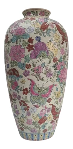 Mid Century Chinese Mille Fleurs Porcelain Vase: Mid Century Chinese Mille Fleurs Famille Rose 14" Tall Vase Large and lush ceramic vase, fully covered in hand painted flowers and butterflies, with soft pink, green and yellow, and highlighted by