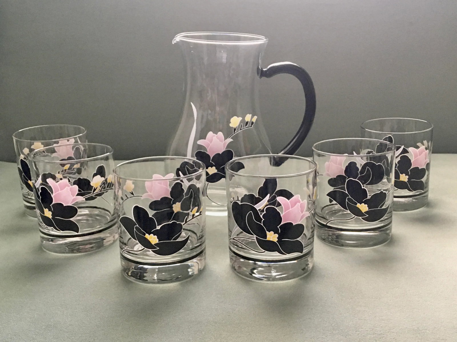 Vintage French Black & Pink Floral Cocktail Set - 7 Pieces - 12