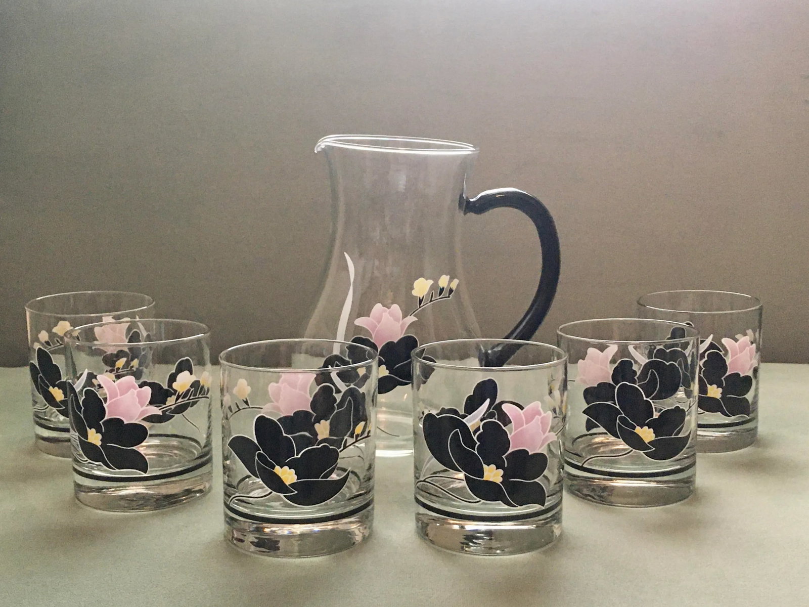 Vintage French Black & Pink Floral Cocktail Set - 7 Pieces - 13