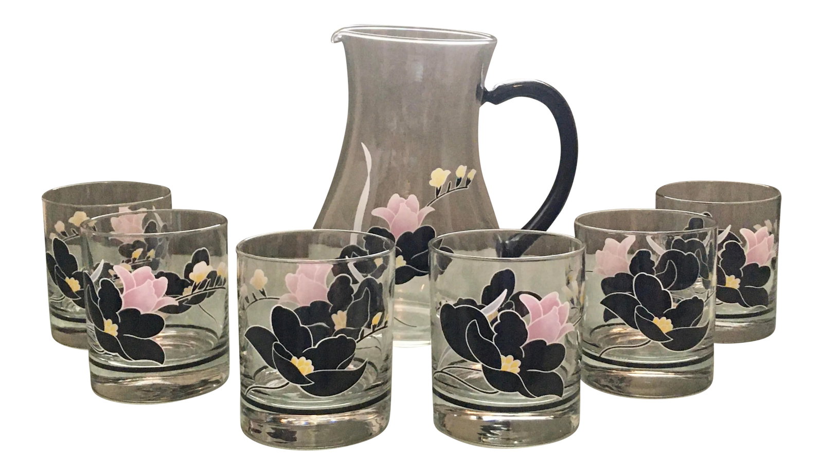 Vintage French Black & Pink Floral Cocktail Set - 7 Pieces: A beautiful French floral drinks set in excellent condition. Measurements: Pitcher- 8 inches tall and 7 inches wide at the handle. Glasses- 3.5 inches tall and 3 inches wide. Ships within 1-2 days
