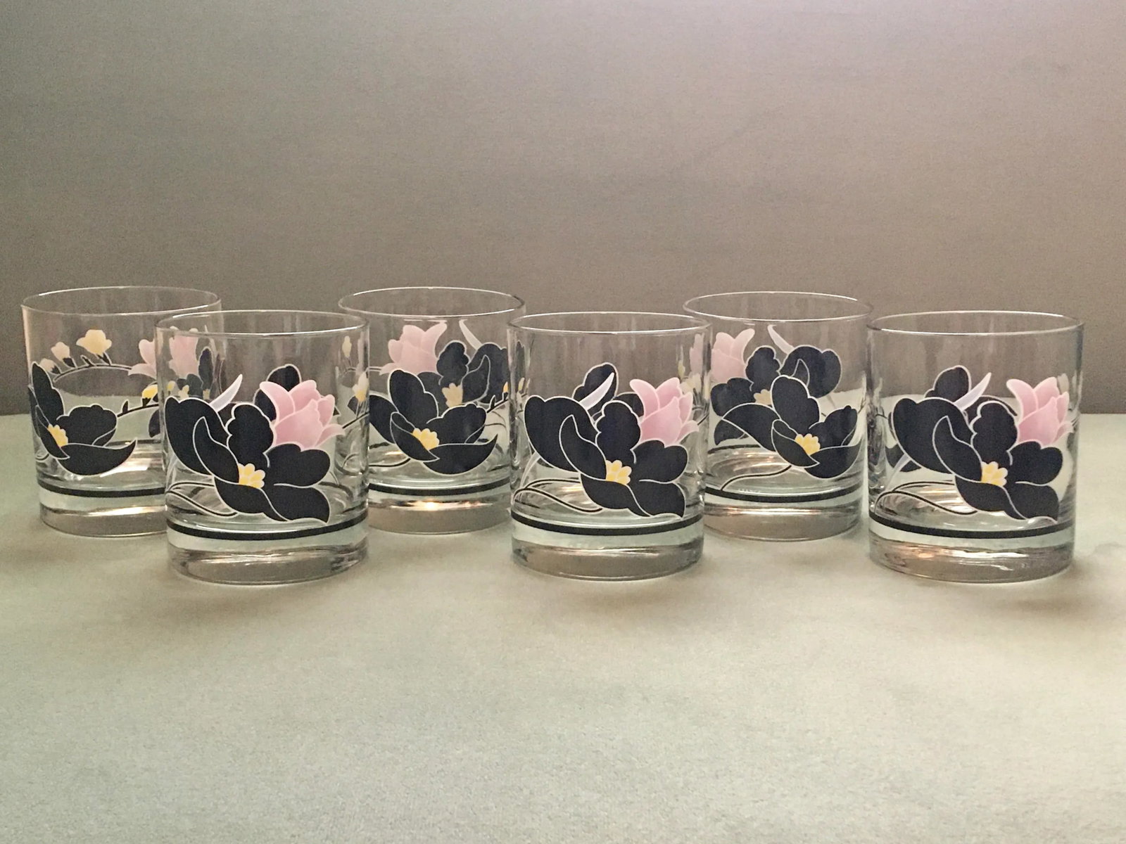 Vintage French Black & Pink Floral Cocktail Set - 7 Pieces - 2