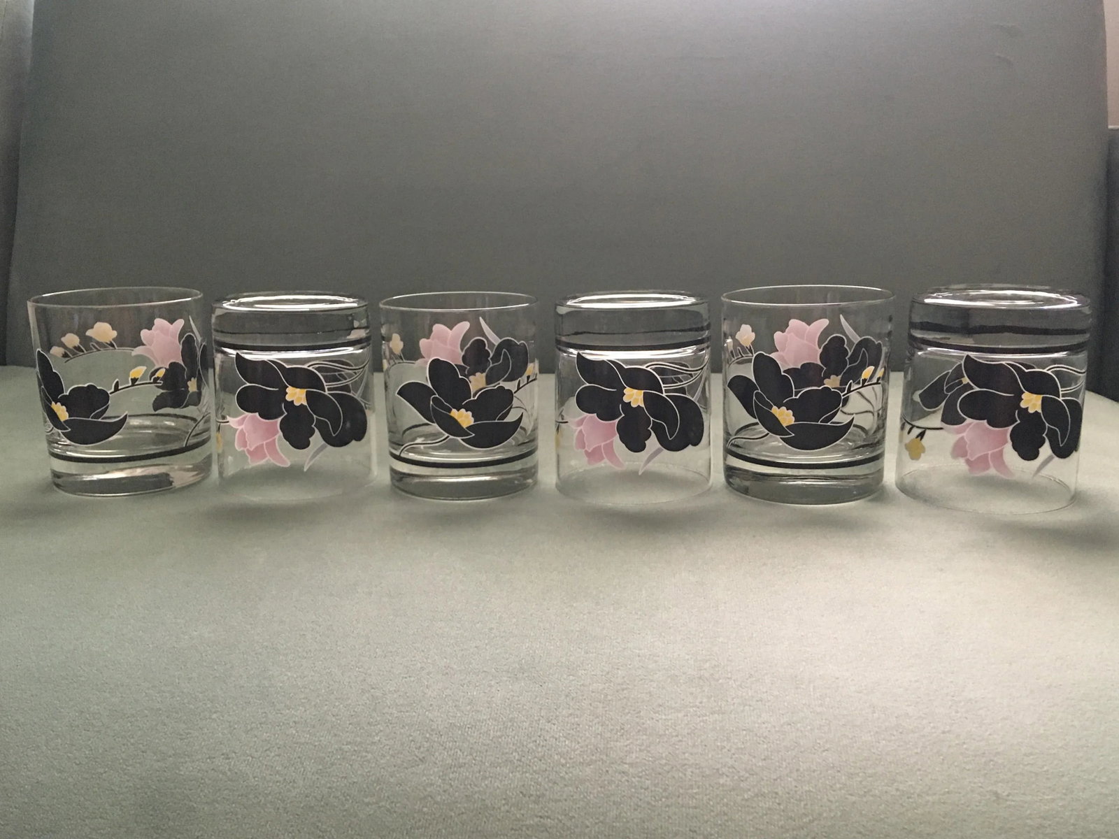 Vintage French Black & Pink Floral Cocktail Set - 7 Pieces - 7