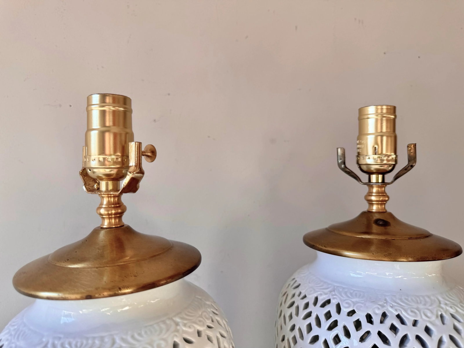 Late 20th Century Chinese Bok Choy Porcelain Cut Out Lattice Table Lamps With Brass Accents: A Pair - 5