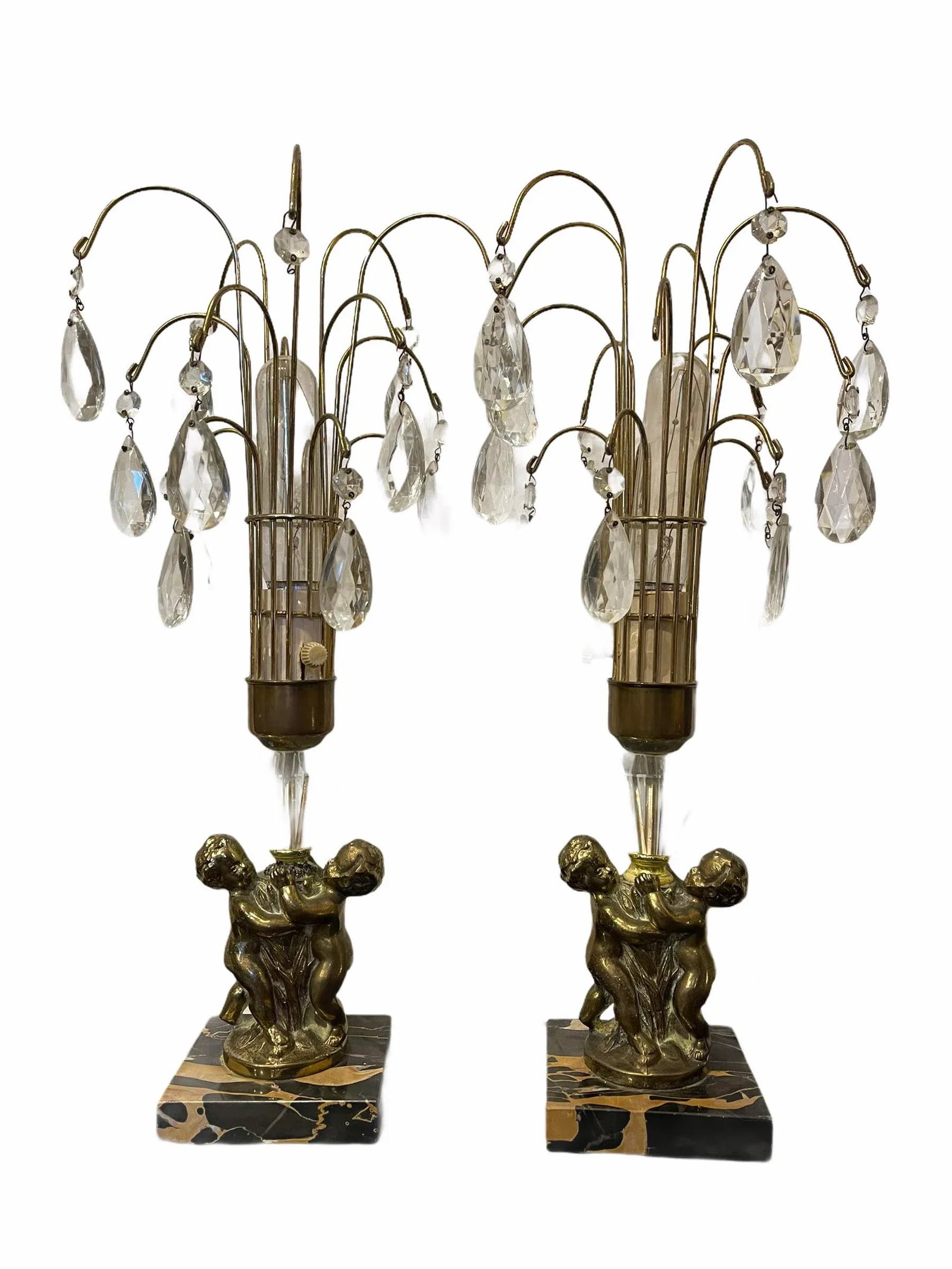 Antique Early 20th Century Art Nouveau Brass Cherub Black Marble Crystal Lamps - a Pair - 10