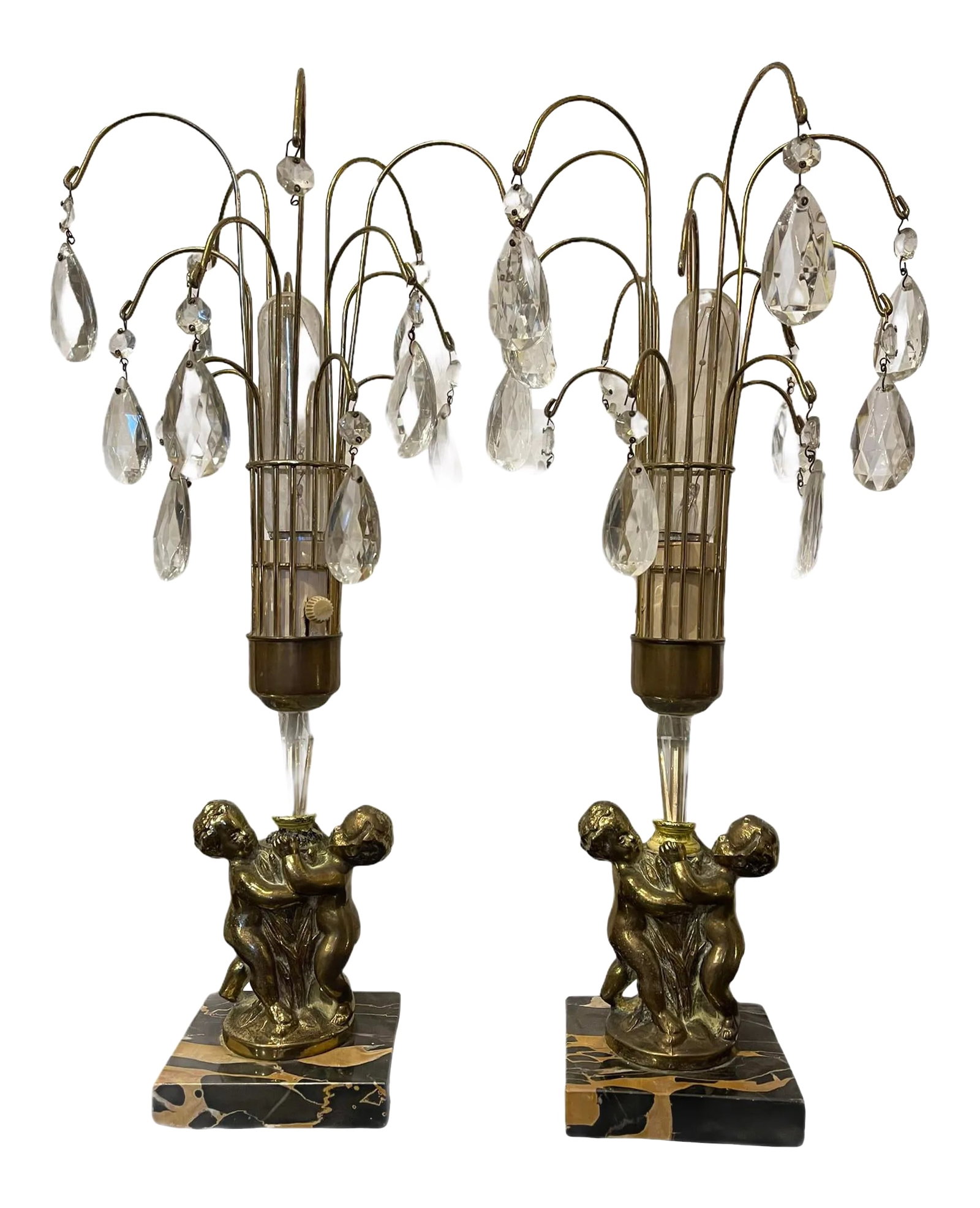 Antique Early 20th Century Art Nouveau Brass Cherub Black Marble Crystal Lamps - a Pair: Beautiful Pair Of Art Nouveau Brass Cherub Black Marble Antique Crystal Lamps Base measures 4 inches by 4 inches the width of the lamp with crystals arpos 6 inches Condition: Alterations: Original