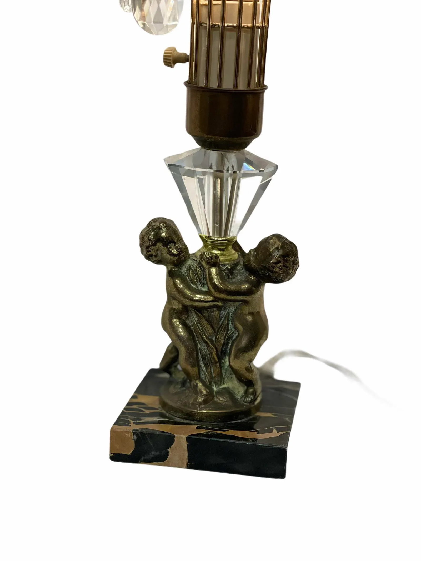 Antique Early 20th Century Art Nouveau Brass Cherub Black Marble Crystal Lamps - a Pair - 2