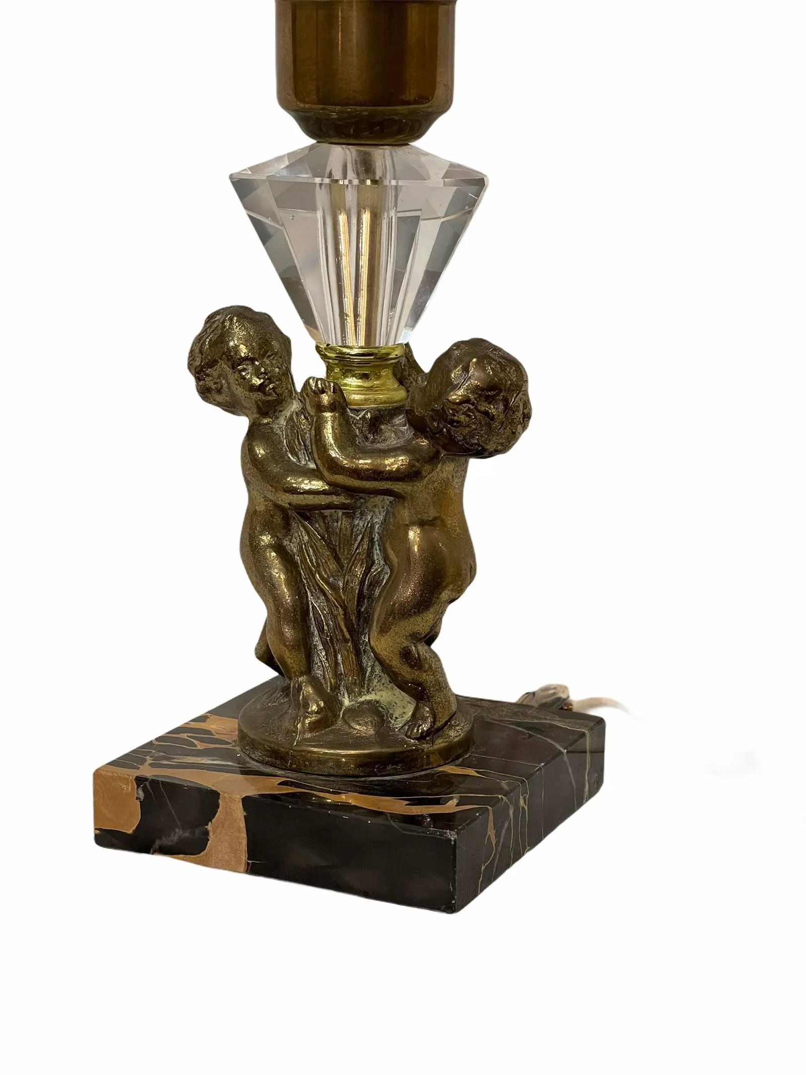 Antique Early 20th Century Art Nouveau Brass Cherub Black Marble Crystal Lamps - a Pair - 3