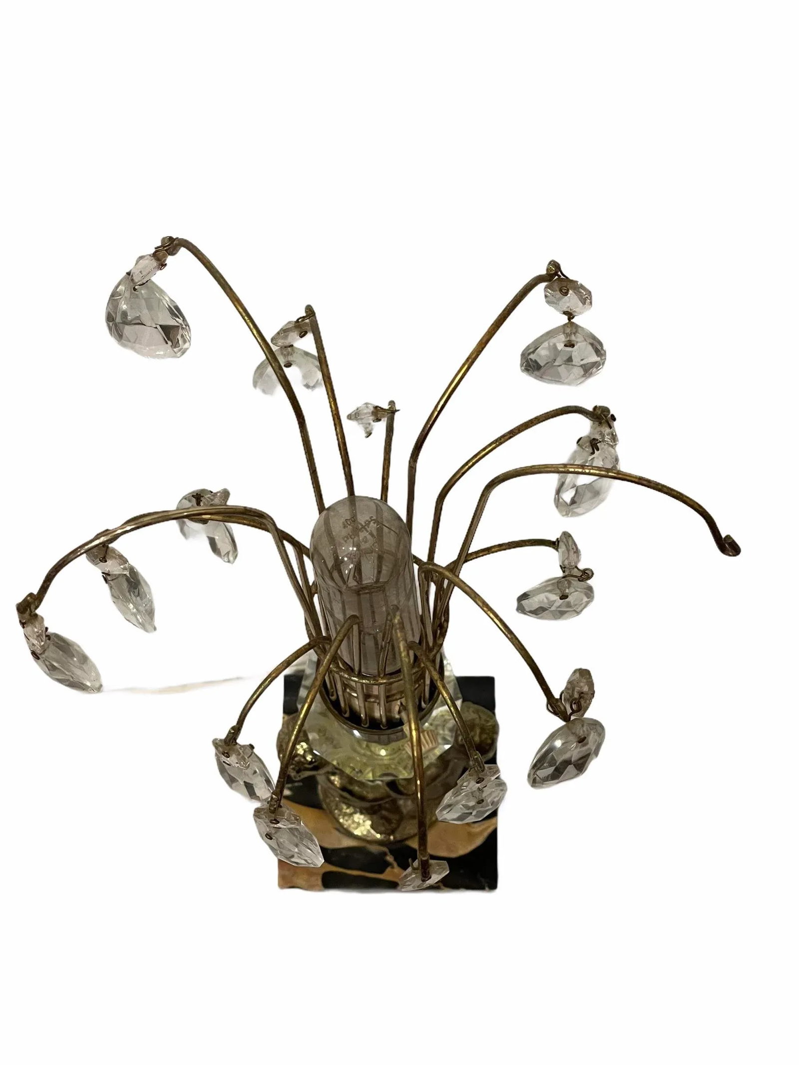 Antique Early 20th Century Art Nouveau Brass Cherub Black Marble Crystal Lamps - a Pair - 4