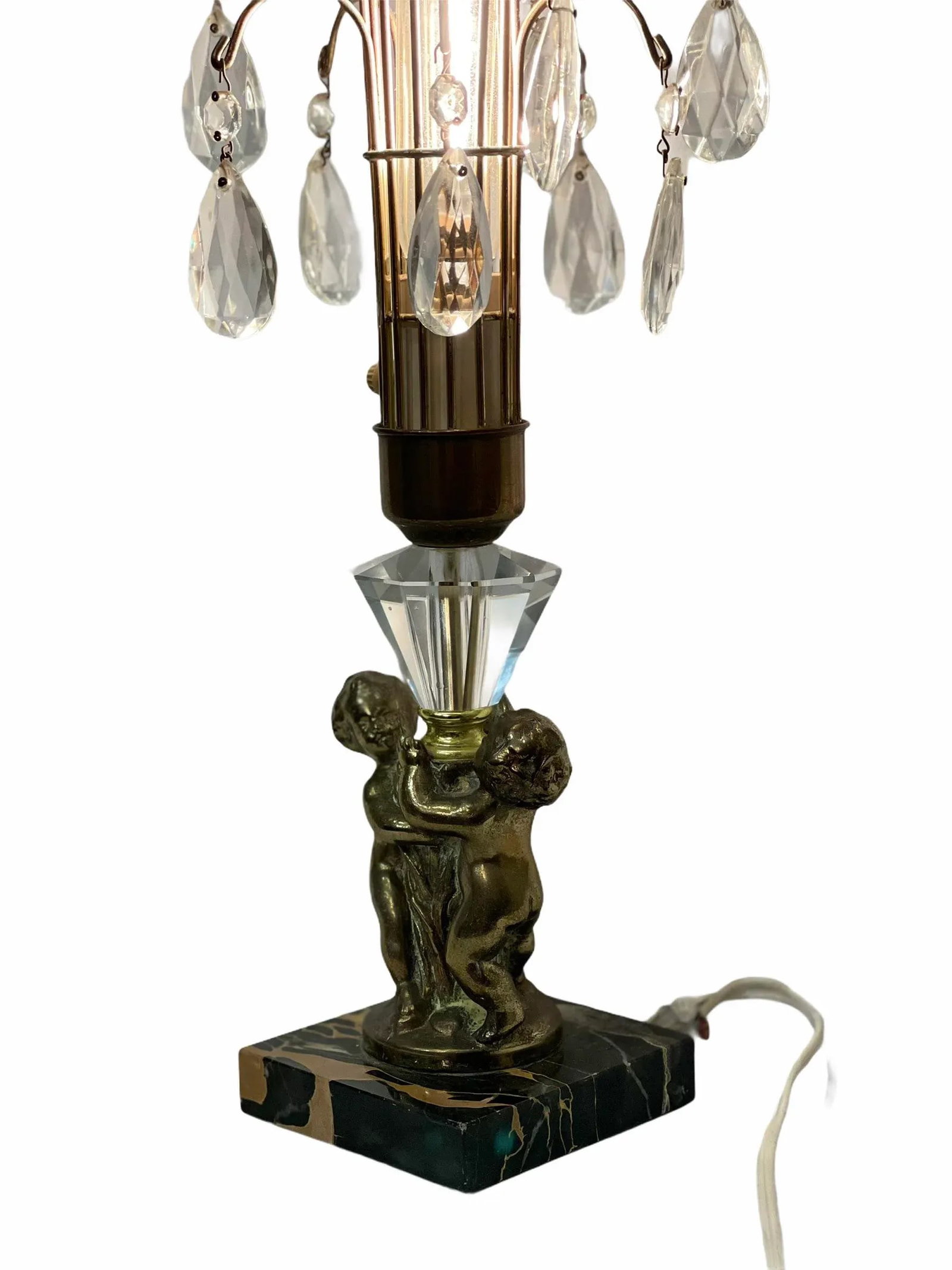 Antique Early 20th Century Art Nouveau Brass Cherub Black Marble Crystal Lamps - a Pair - 5
