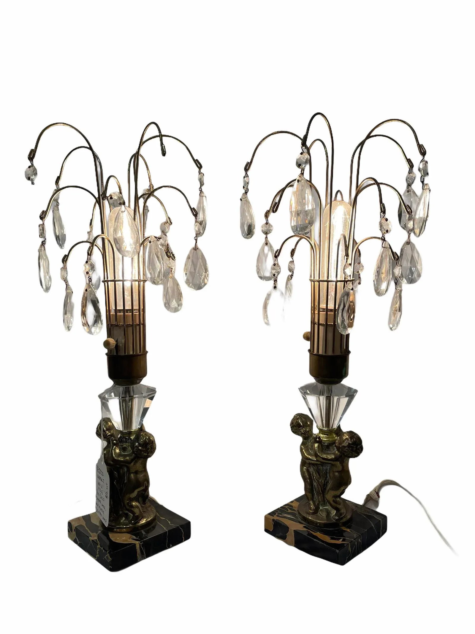 Antique Early 20th Century Art Nouveau Brass Cherub Black Marble Crystal Lamps - a Pair - 6