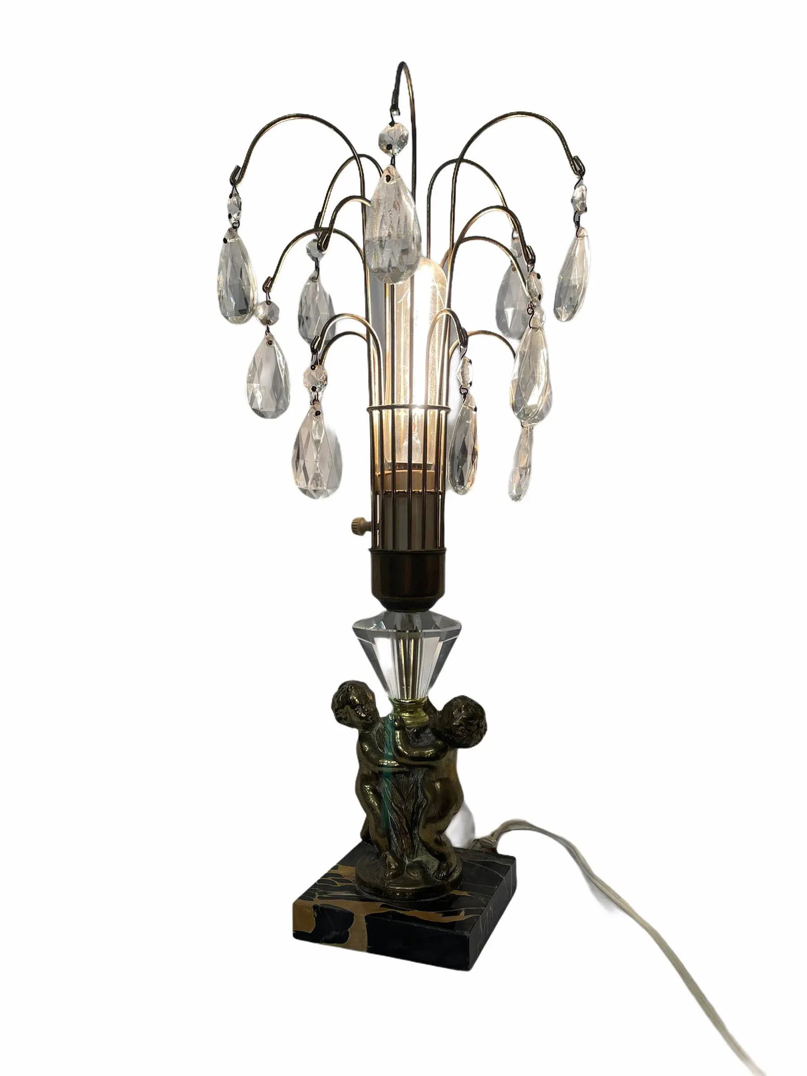 Antique Early 20th Century Art Nouveau Brass Cherub Black Marble Crystal Lamps - a Pair - 7