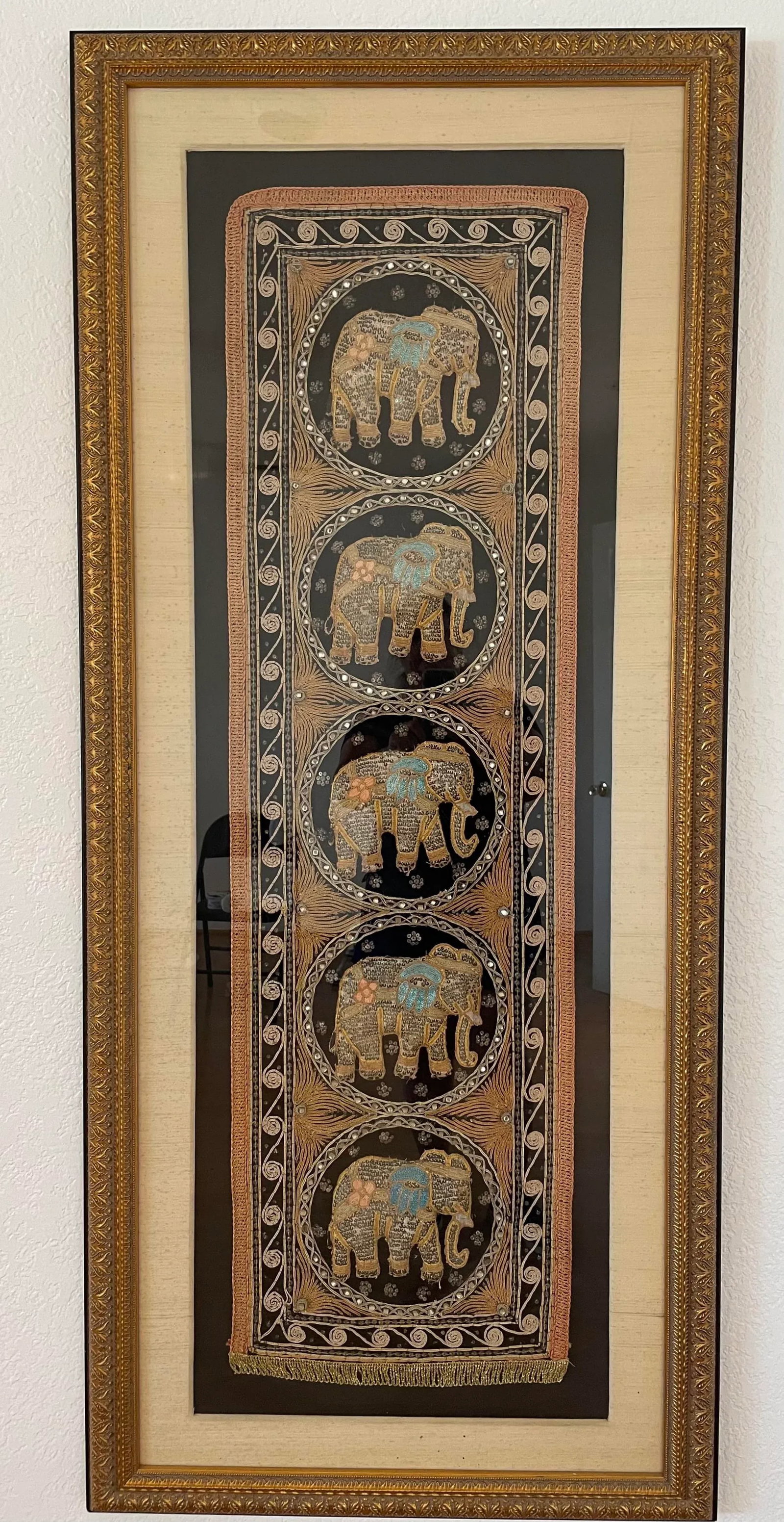 Burmese Kalaga Elephant Silk Tapestry Wall Hanging Framed Textile Art 62"h - 10