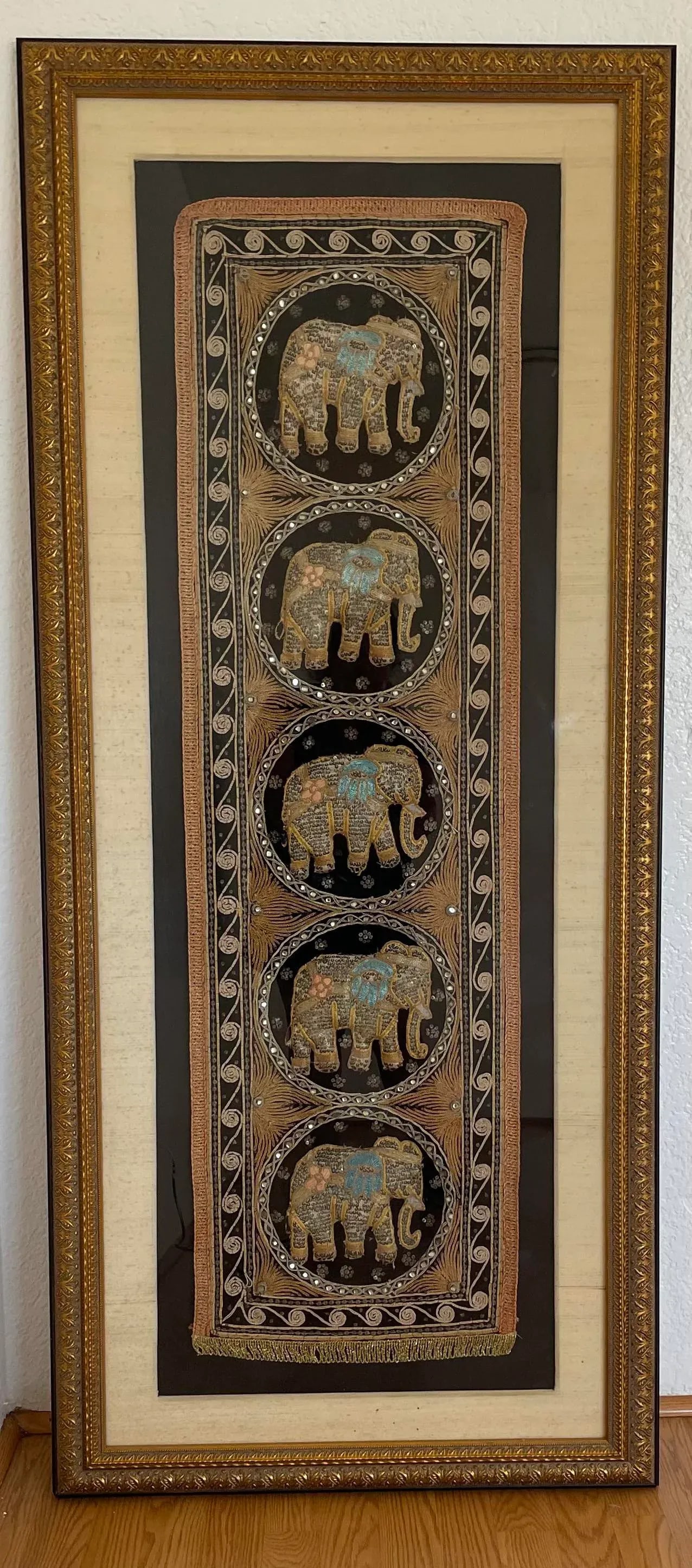 Burmese Kalaga Elephant Silk Tapestry Wall Hanging Framed Textile Art 62"h - 13