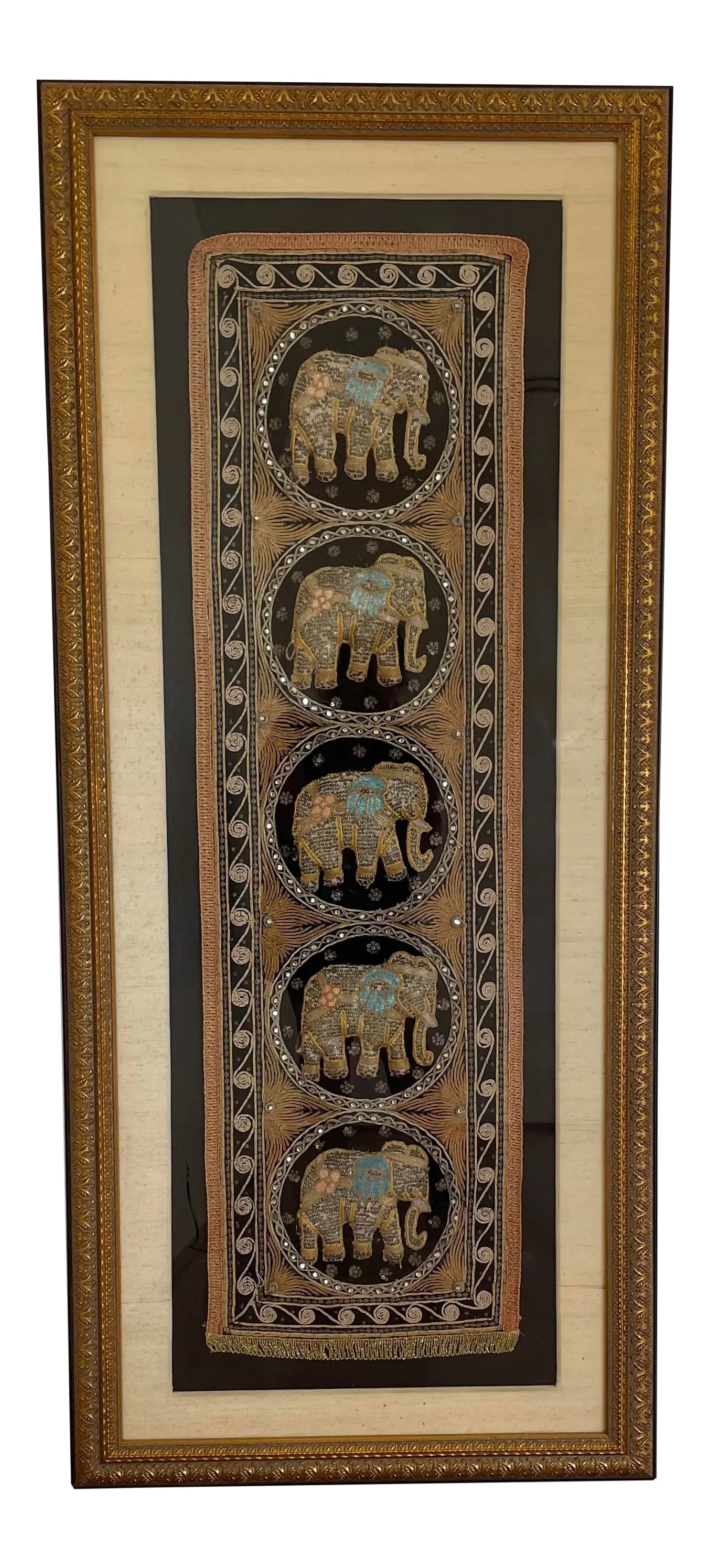 Burmese Kalaga Elephant Silk Tapestry Wall Hanging Framed Textile Art 62"h: Beautiful wall hanging dates to the 2nd half of the 20th century. It is a large and Heavy skillfully crafted of gold silk, black linen (backing), yellow, gold, bronze and silver metallic threads,