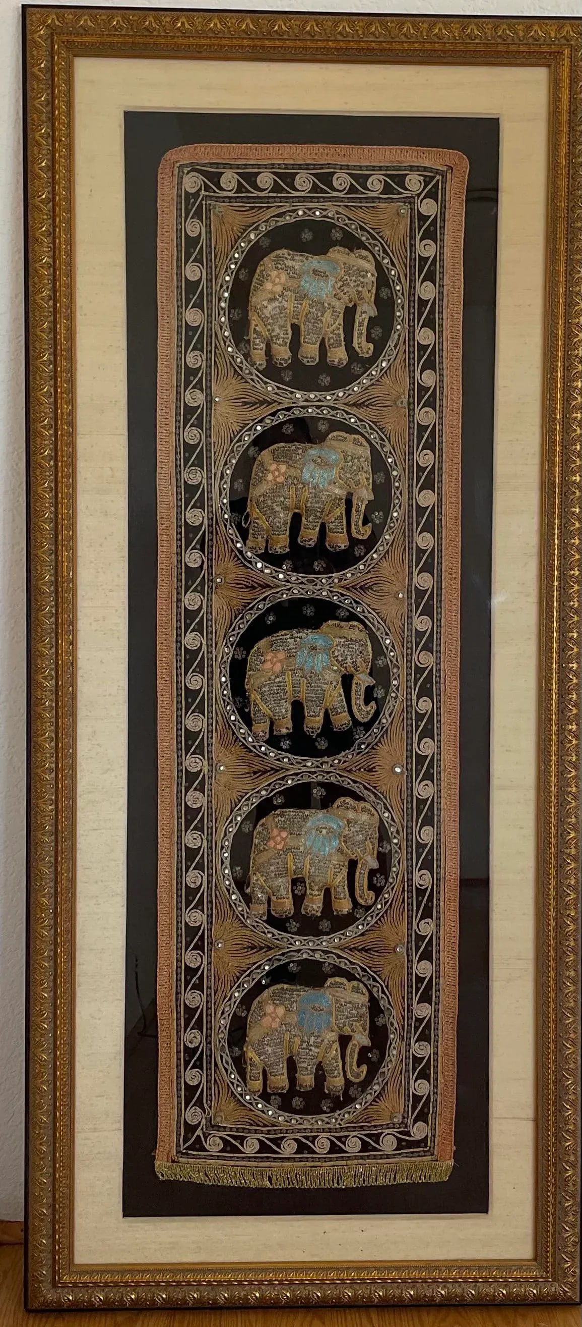 Burmese Kalaga Elephant Silk Tapestry Wall Hanging Framed Textile Art 62"h - 2